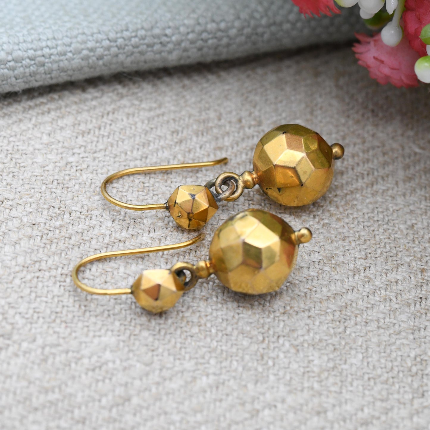 Antique Rolled Gold Faceted Ball Drop Earrings with Hook Wire - Early 20th Century Yellow Gold Tone Jewellery | Chunky Statement Earrings