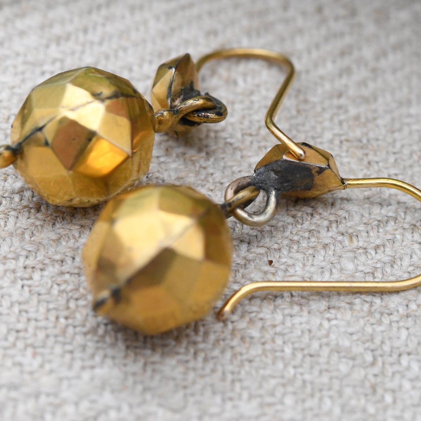 Antique Rolled Gold Faceted Ball Drop Earrings with Hook Wire - Early 20th Century Yellow Gold Tone Jewellery | Chunky Statement Earrings