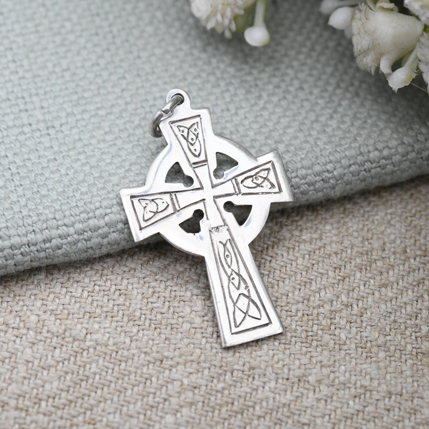 Vintage Silver Celtic Cross Pendant - Ringed Cross with Celtic Twists Triquetra Knots | Pretty Vintage Religious Jewellery Gift for Baptism