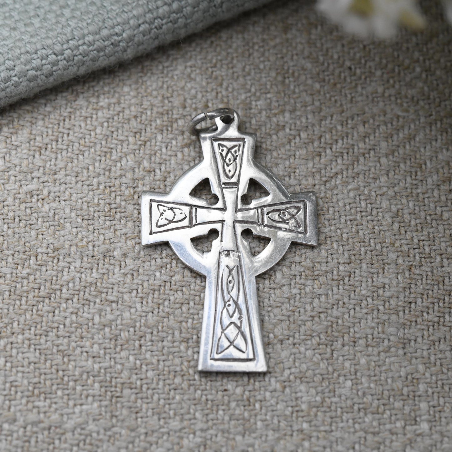 Vintage Silver Celtic Cross Pendant - Ringed Cross with Celtic Twists Triquetra Knots | Pretty Vintage Religious Jewellery Gift for Baptism