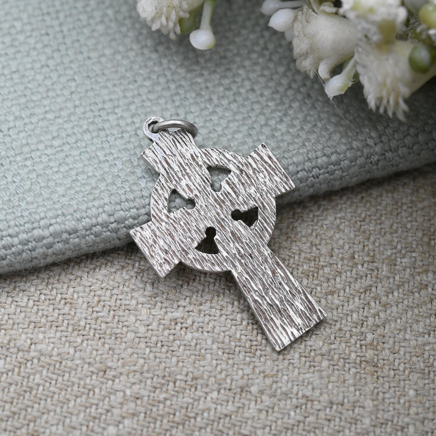 Vintage Silver Celtic Cross Pendant - Ringed Cross with Celtic Twists Triquetra Knots | Pretty Vintage Religious Jewellery Gift for Baptism