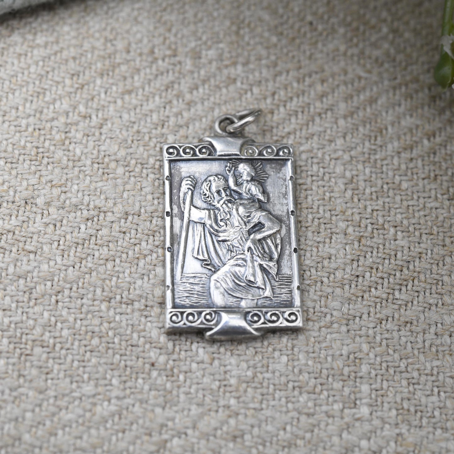 Vintage Sterling Silver St. Christopher Pendant - Rectangle Shaped Ornate Scroll Design | Saint Gift for Travel Lover Wanderlust | Detailed