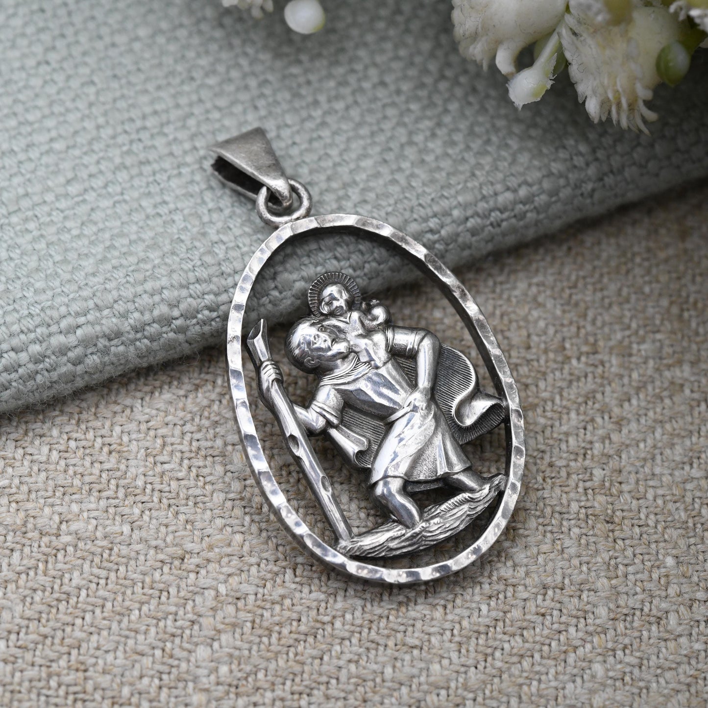 Vintage Sterling Silver St. Christopher Pendant Engraved Our Son 1972 - Large Oval Openwork Saint of Travelling | Religious Jewellery Detail