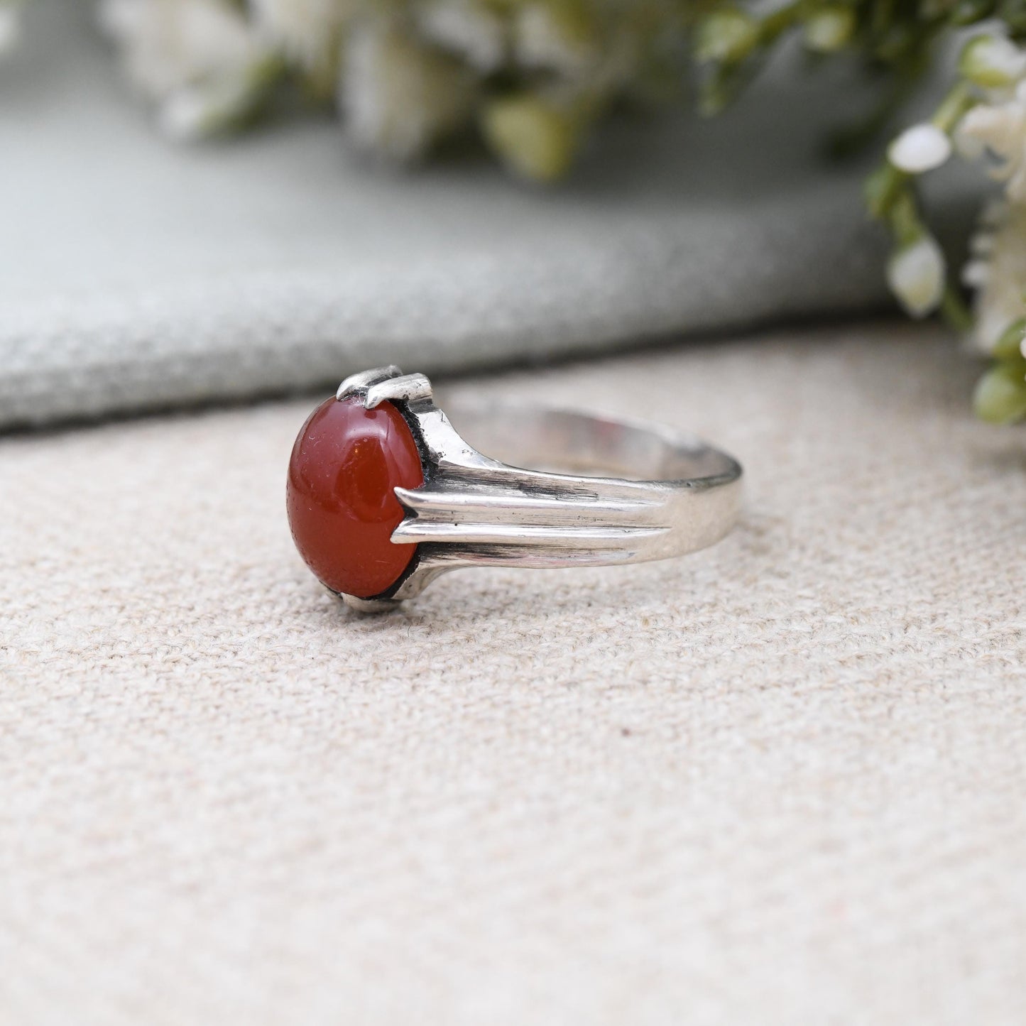 Vintage European Silver Carnelian Ring Mid-Century Modern - Oval Cabochon Red Gemstone Statement Ring | UK Size - R | US Size - 8 1/2