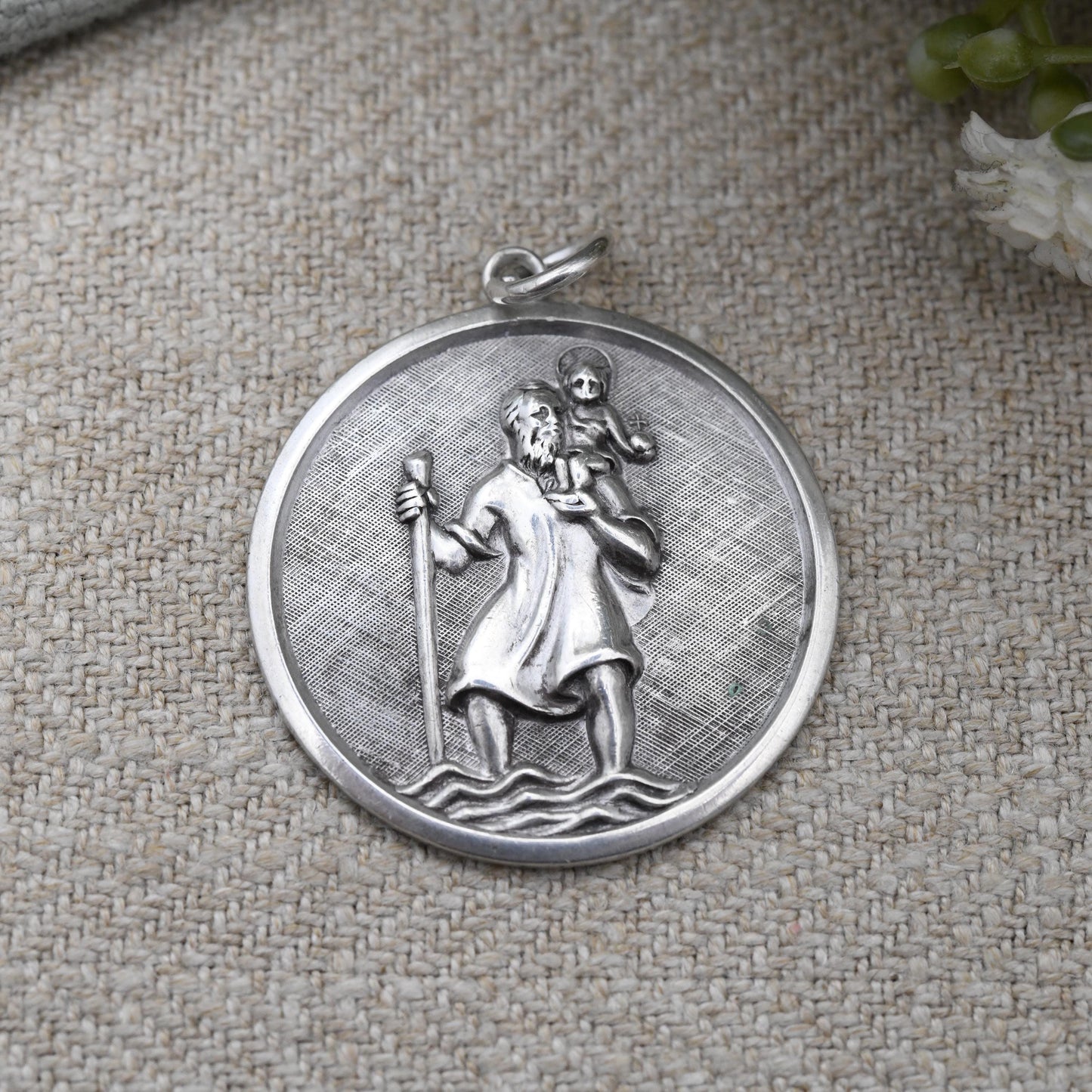 Vintage Sterling Silver St. Christopher Pendant - Textured Large Circle Saint of Travelling | Christian Religious Jewellery | Detailed Image