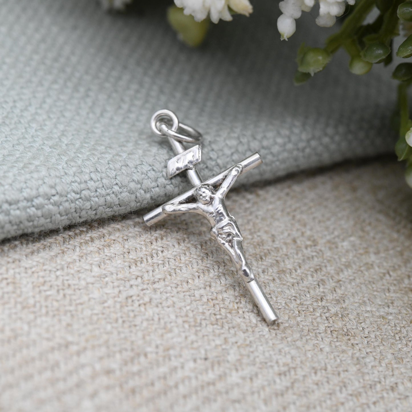 Vintage Sterling Silver Christ on the Cross Pendant INRI - Jesus Christ Cross Mid-Century Solid Silver Necklace Charm | Gift for Baptism