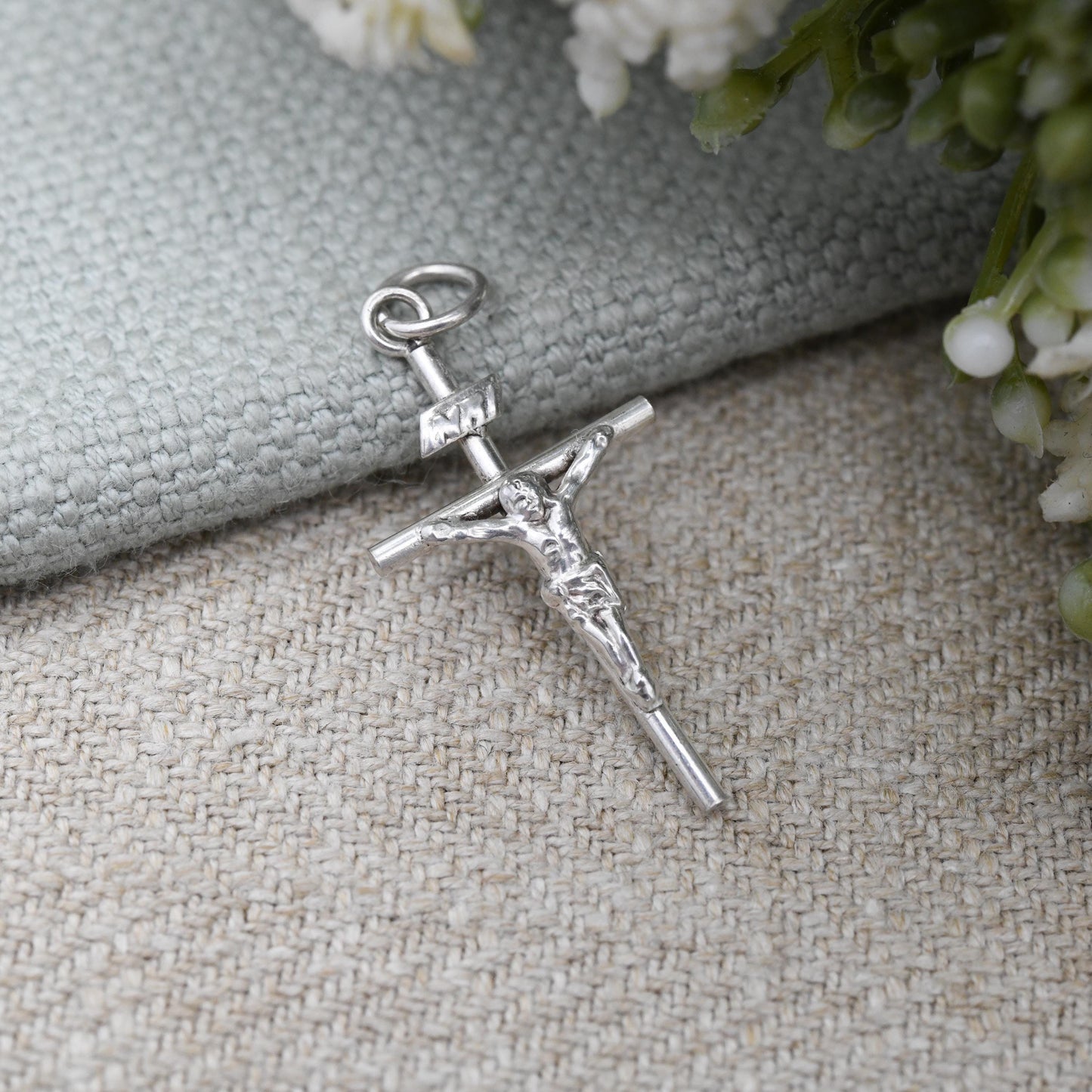 Vintage Sterling Silver Christ on the Cross Pendant INRI - Jesus Christ Cross Mid-Century Solid Silver Necklace Charm | Gift for Baptism