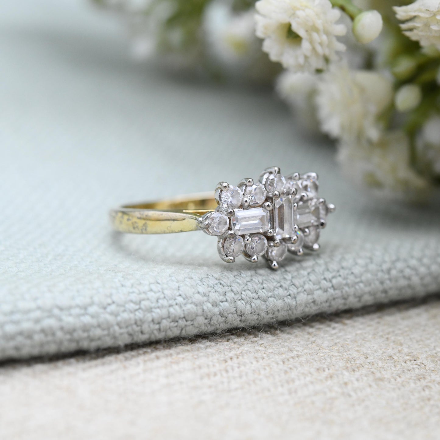 Vintage Gold Plated Sterling Silver CZ Cluster Ring - Large Statement Cocktail Jewellery Pretty Gift for Her | UK Size - T | US Size - 9 1/2