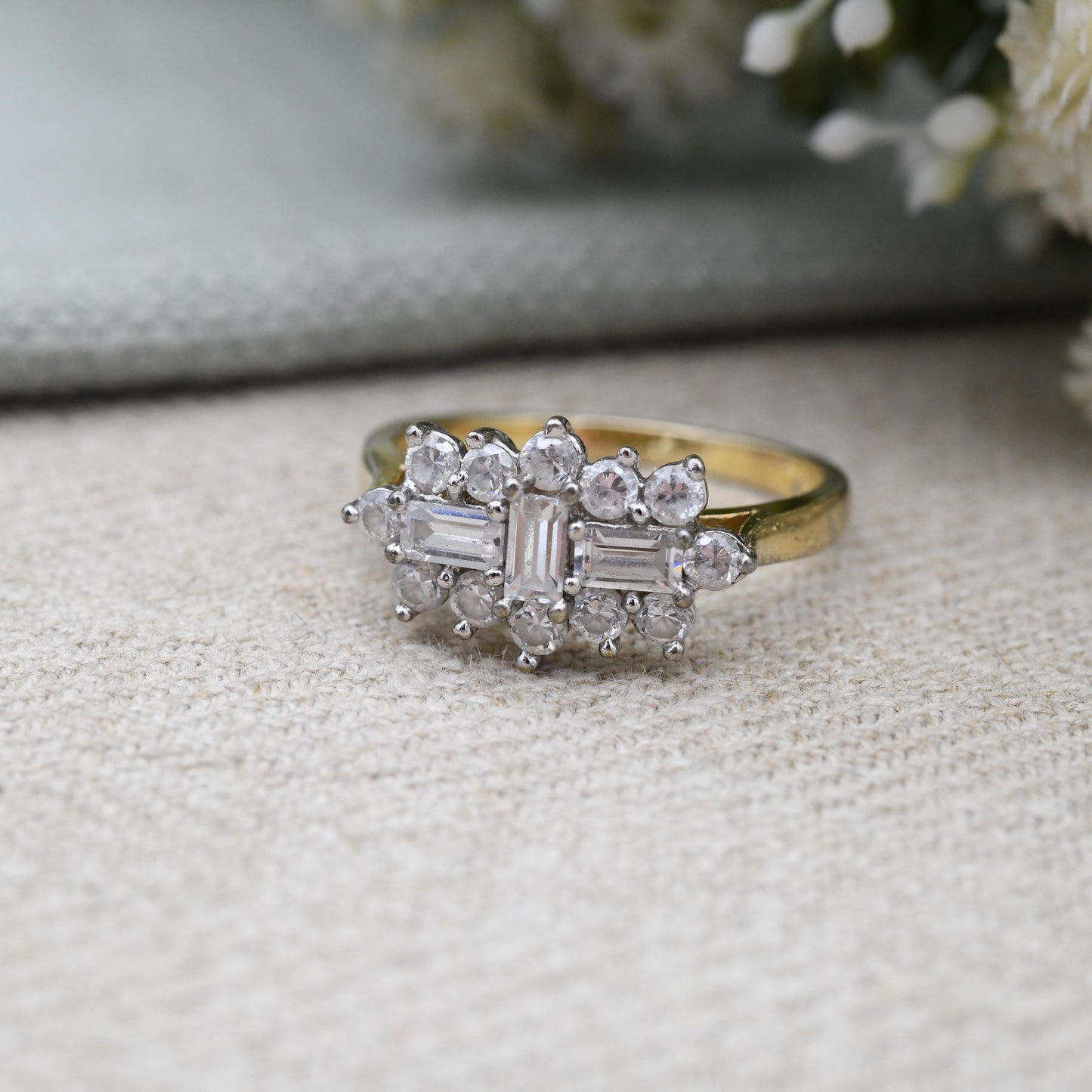 Vintage Gold Plated Sterling Silver CZ Cluster Ring - Large Statement Cocktail Jewellery Pretty Gift for Her | UK Size - T | US Size - 9 1/2