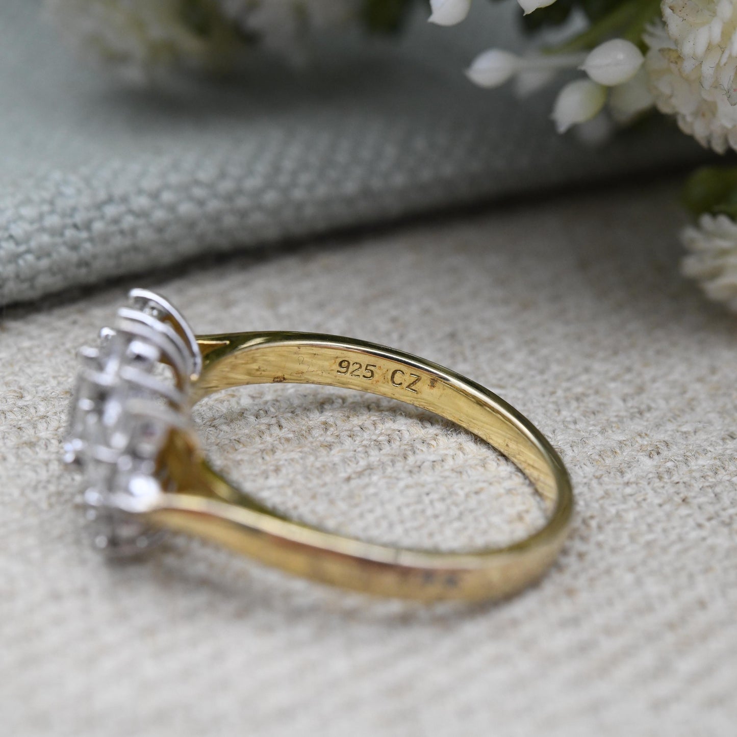 Vintage Gold Plated Sterling Silver CZ Cluster Ring - Large Statement Cocktail Jewellery Pretty Gift for Her | UK Size - T | US Size - 9 1/2