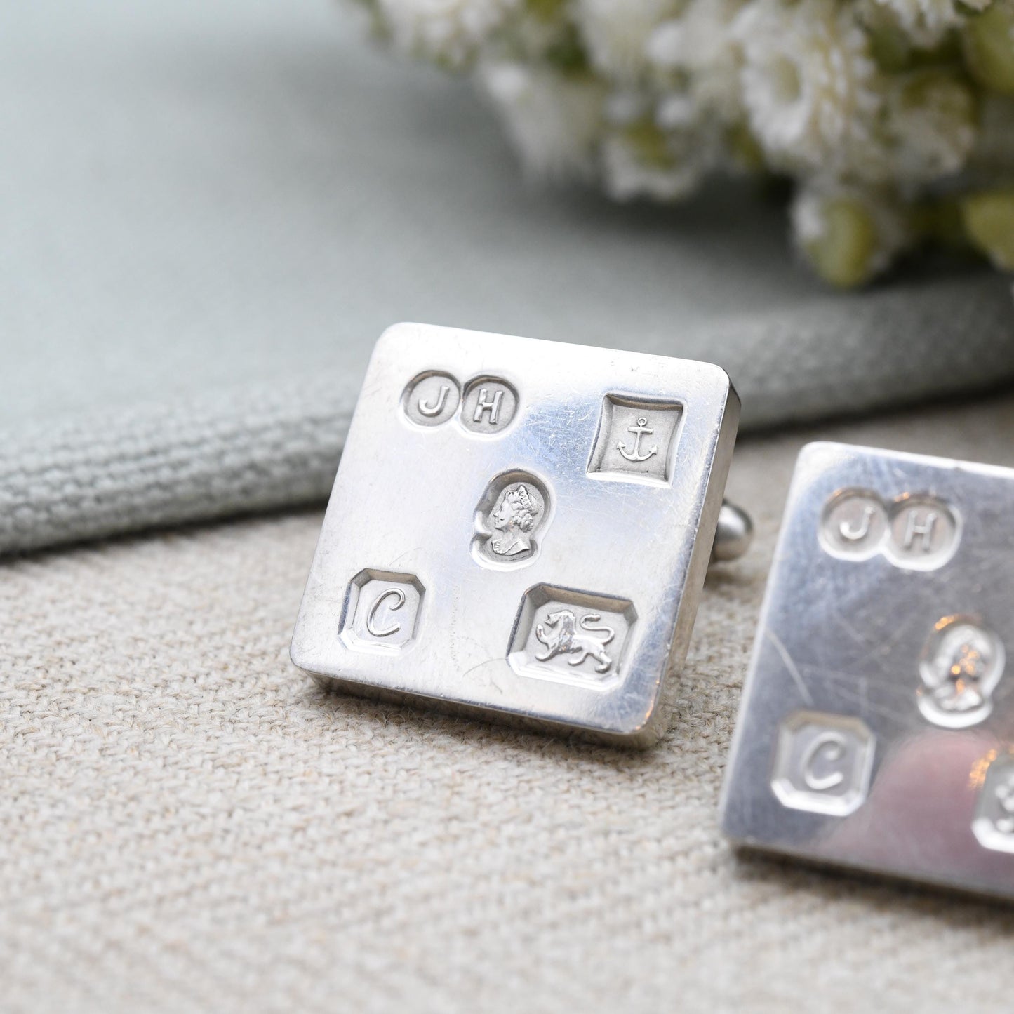 Vintage Sterling Silver Hallmark Cufflinks 1977 Elizabeth II Jubilee Mark - James Harrison JH Large Hallmark Square Design Bullet Back Gift