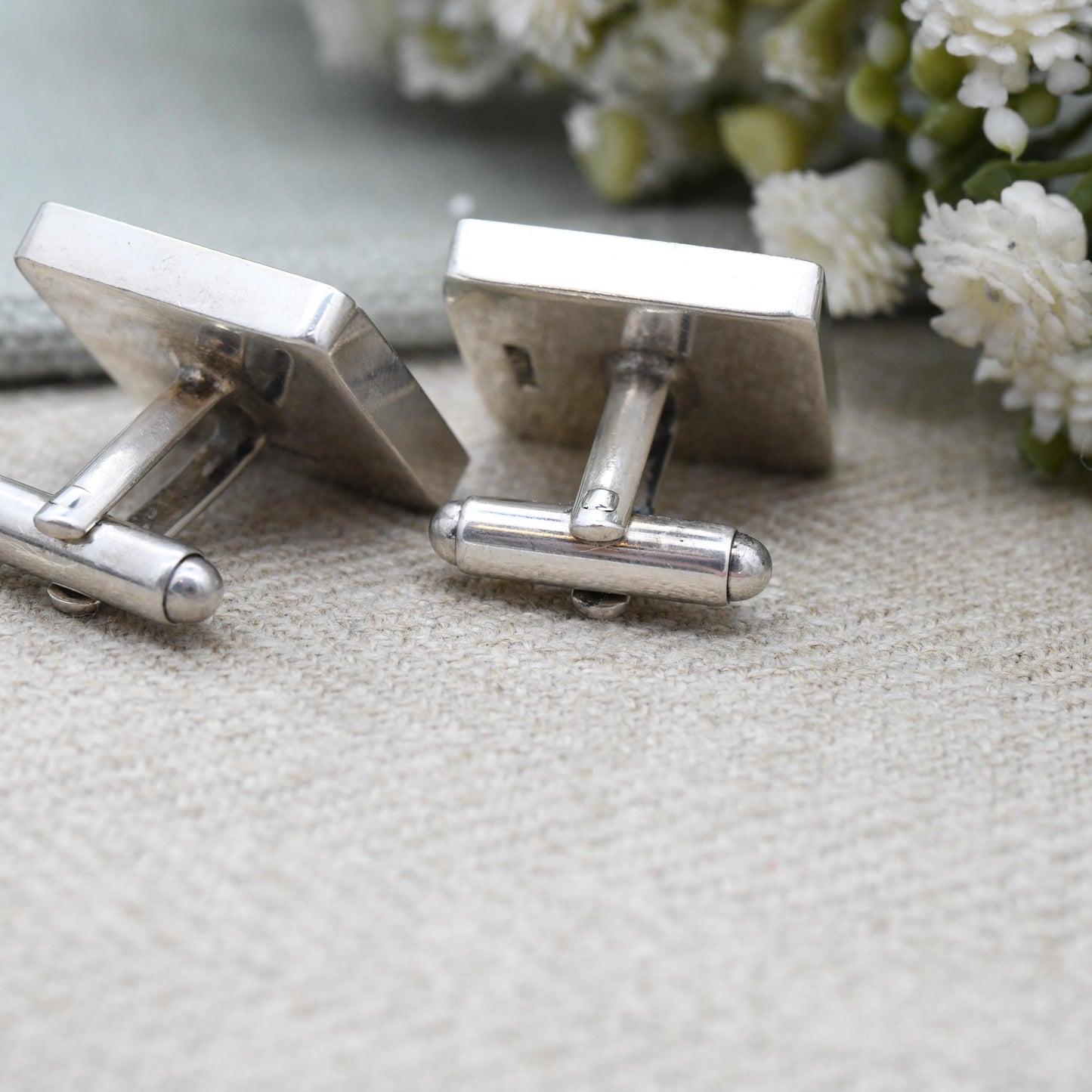Vintage Sterling Silver Hallmark Cufflinks 1977 Elizabeth II Jubilee Mark - James Harrison JH Large Hallmark Square Design Bullet Back Gift