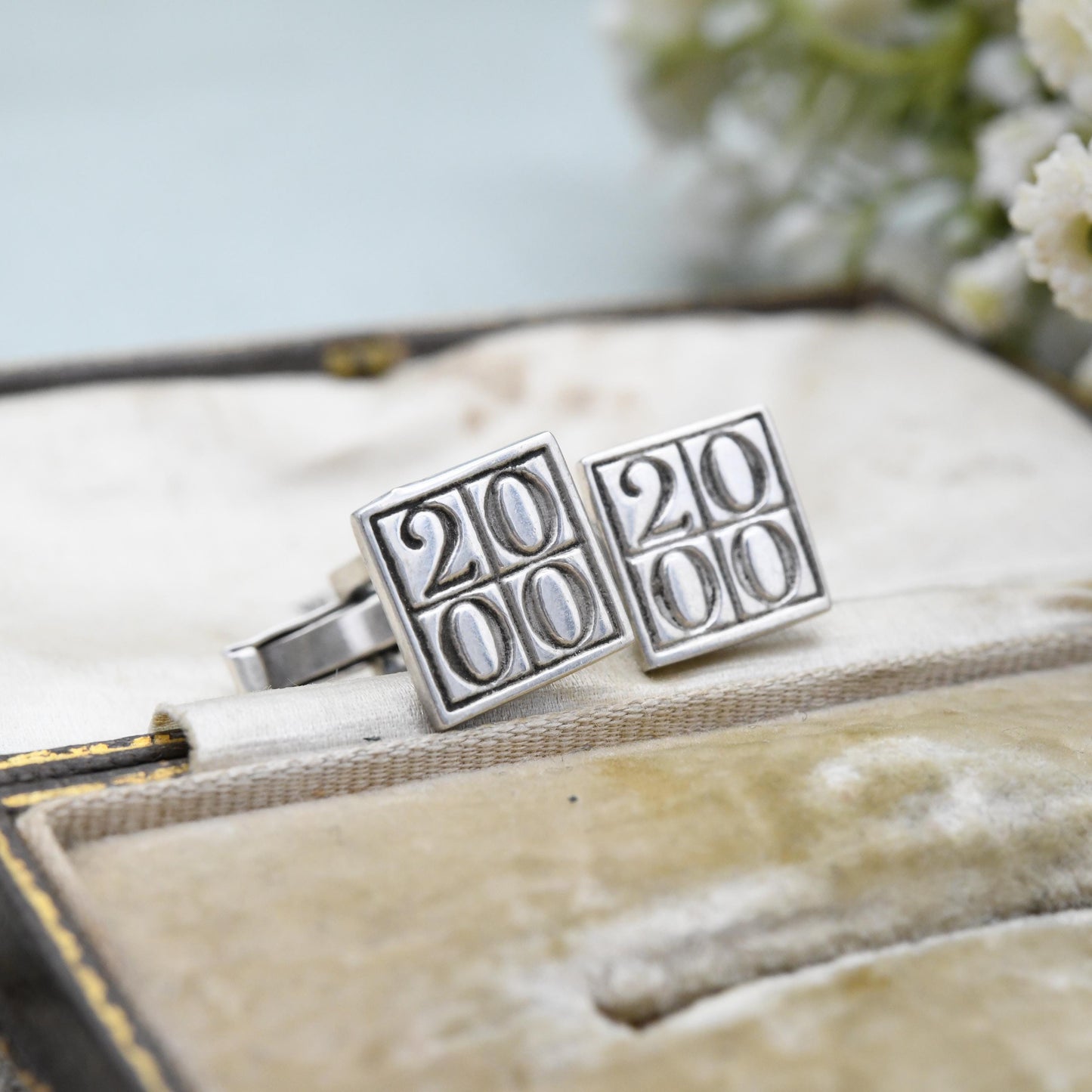 Vintage Sterling Silver Cufflinks 2000 Millennium Mark - Hallmark Square Minimal Number Design Bullet Back Anniversary Birthday Gift for Him