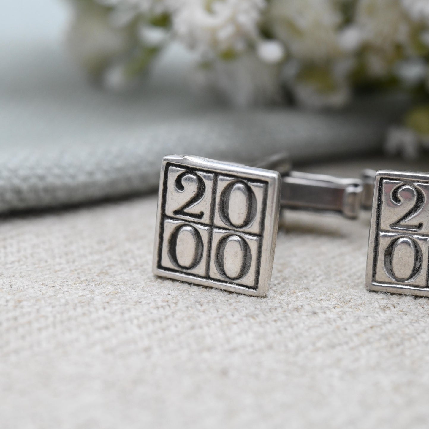 Vintage Sterling Silver Cufflinks 2000 Millennium Mark - Hallmark Square Minimal Number Design Bullet Back Anniversary Birthday Gift for Him