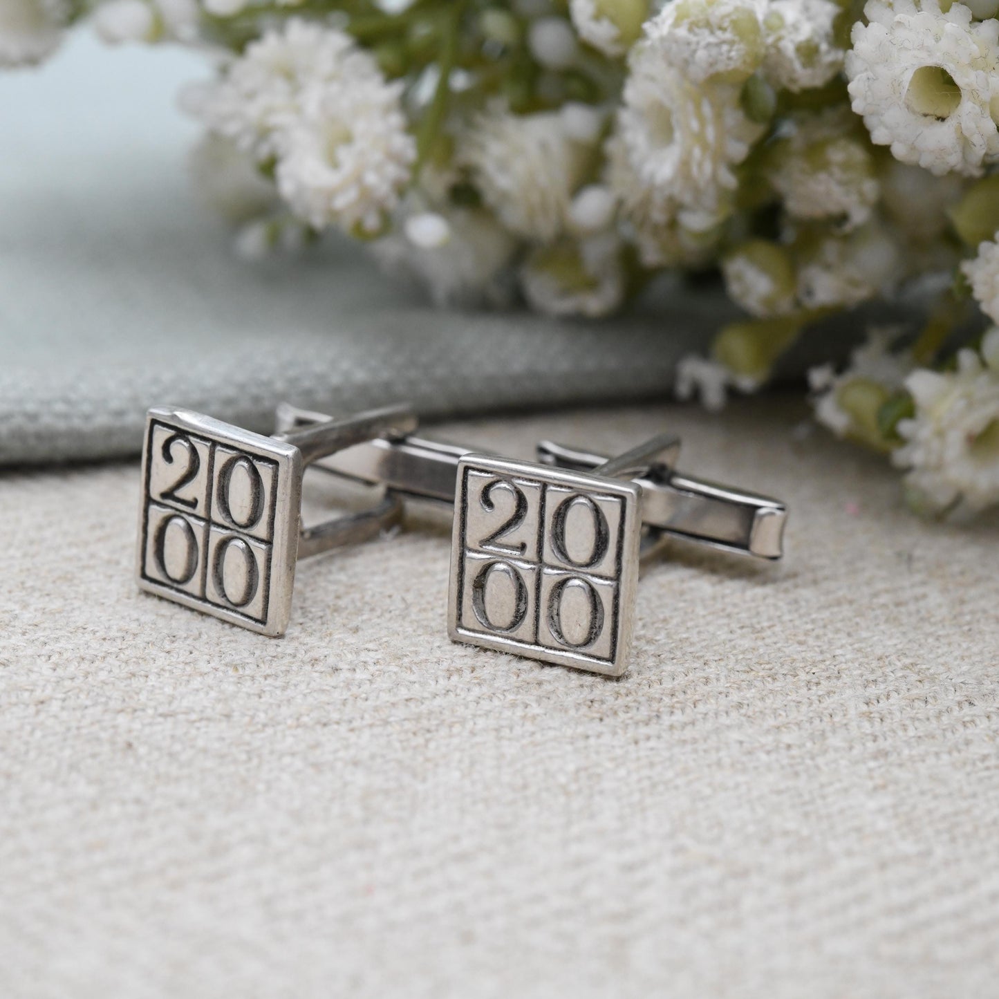 Vintage Sterling Silver Cufflinks 2000 Millennium Mark - Hallmark Square Minimal Number Design Bullet Back Anniversary Birthday Gift for Him