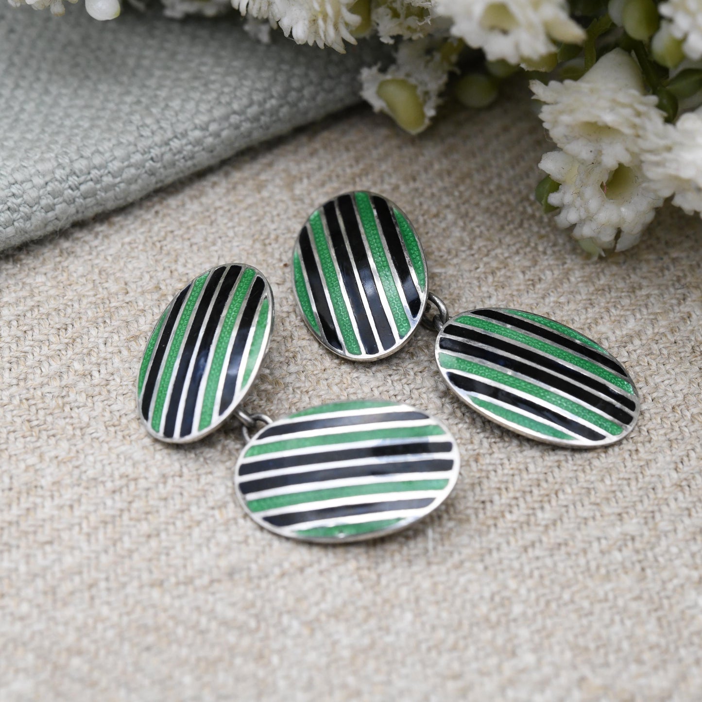 Vintage Sterling Silver Guilloche Enamel Cufflinks Black and Green - c. 1940 1950 Mid-Century Silver Jewellery Gift | Oval Panel Chain Link