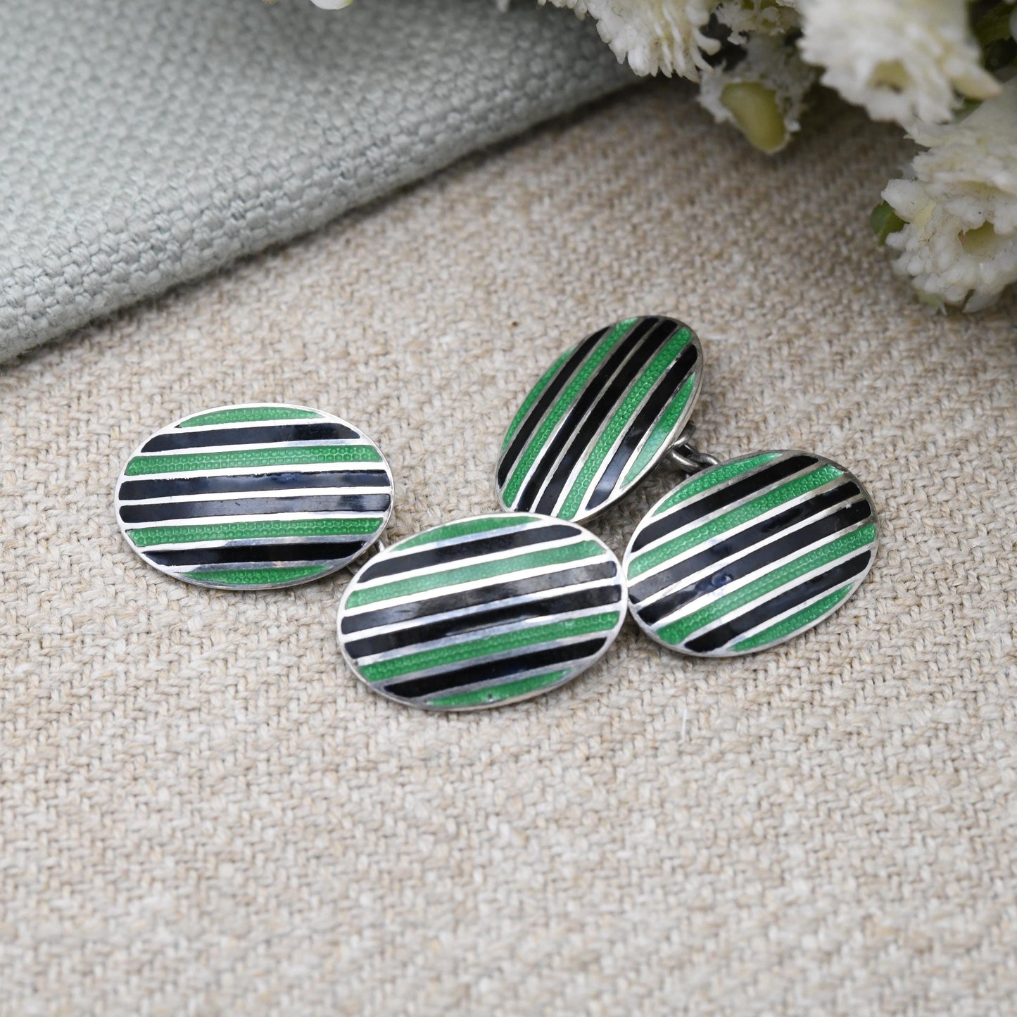 Vintage Sterling Silver Guilloche Enamel Cufflinks Black and Green - c. 1940 1950 Mid-Century Silver Jewellery Gift | Oval Panel Chain Link