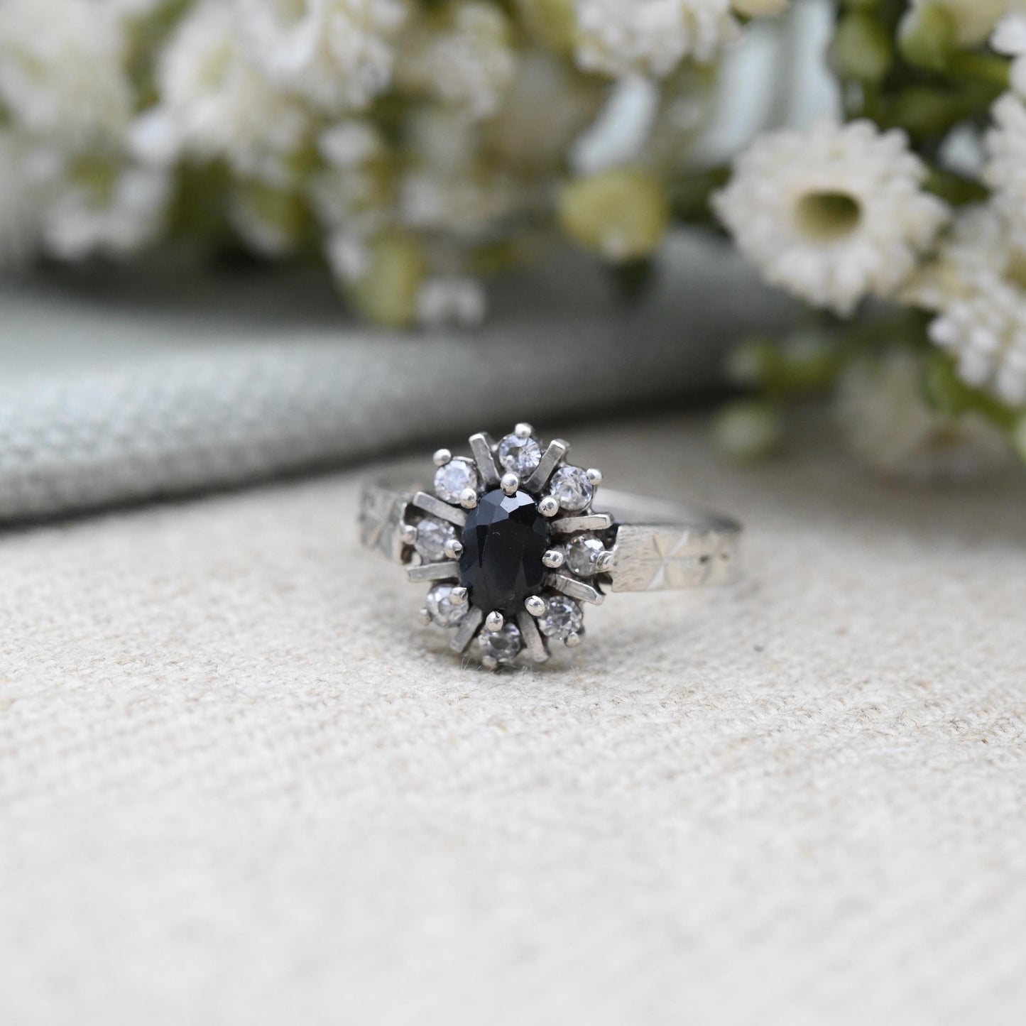 Vintage Sterling Silver Sapphire Halo Ring Star Cut Band - Mid-Century Sparkly Cocktail Ring with Clear Stones | UK Size - N 1/2 US Size - 7