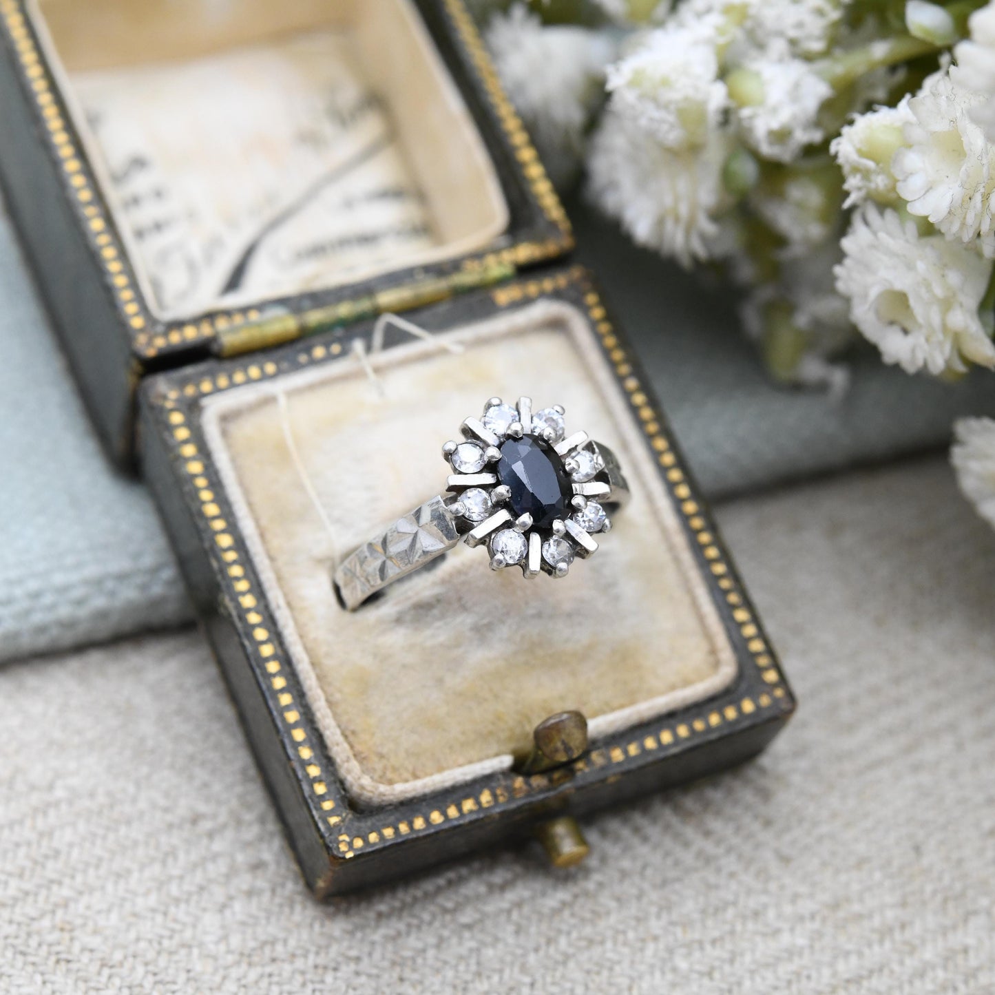 Vintage Sterling Silver Sapphire Halo Ring Star Cut Band - Mid-Century Sparkly Cocktail Ring with Clear Stones | UK Size - N 1/2 US Size - 7