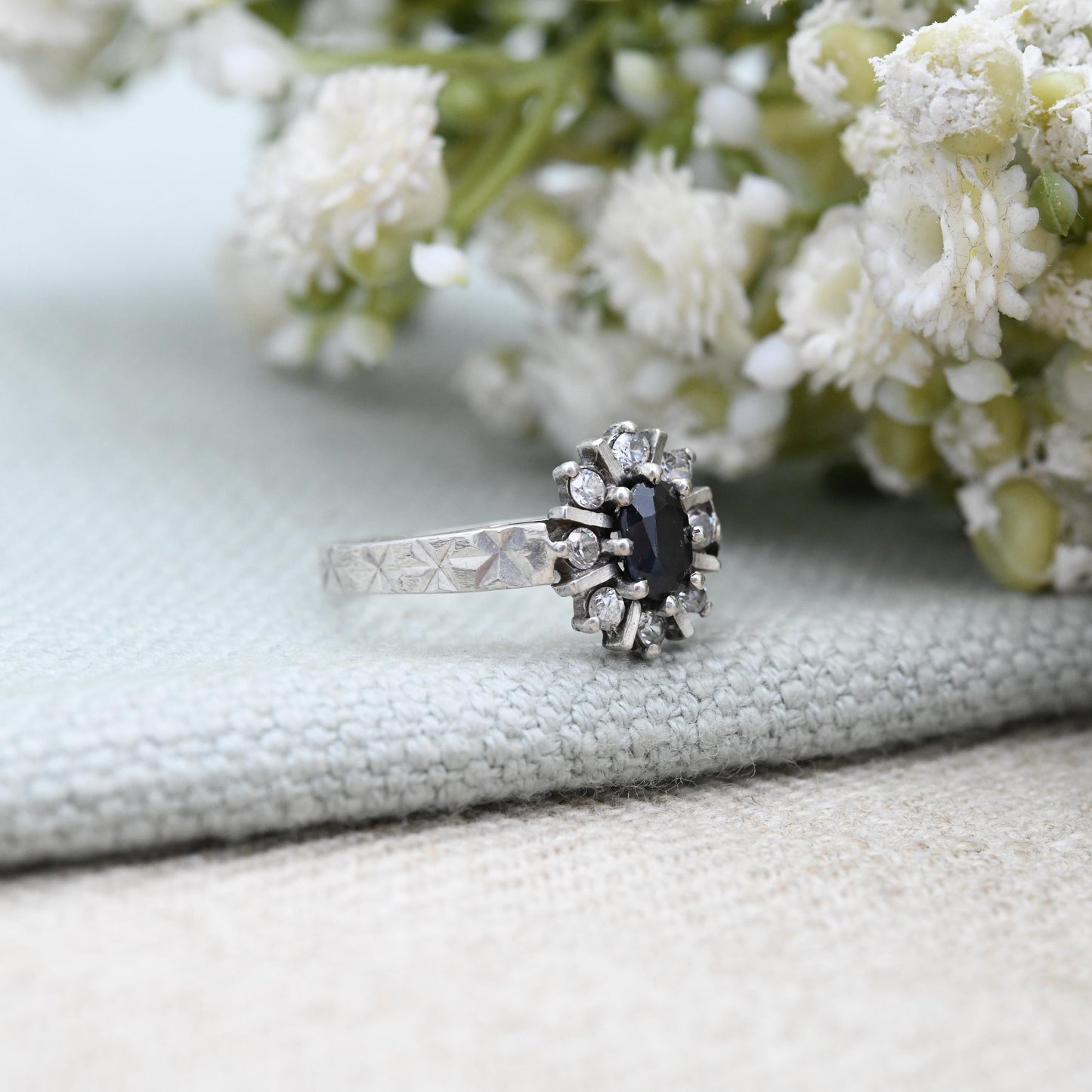 Vintage Sterling Silver Sapphire Halo Ring Star Cut Band - Mid-Century Sparkly Cocktail Ring with Clear Stones | UK Size - N 1/2 US Size - 7
