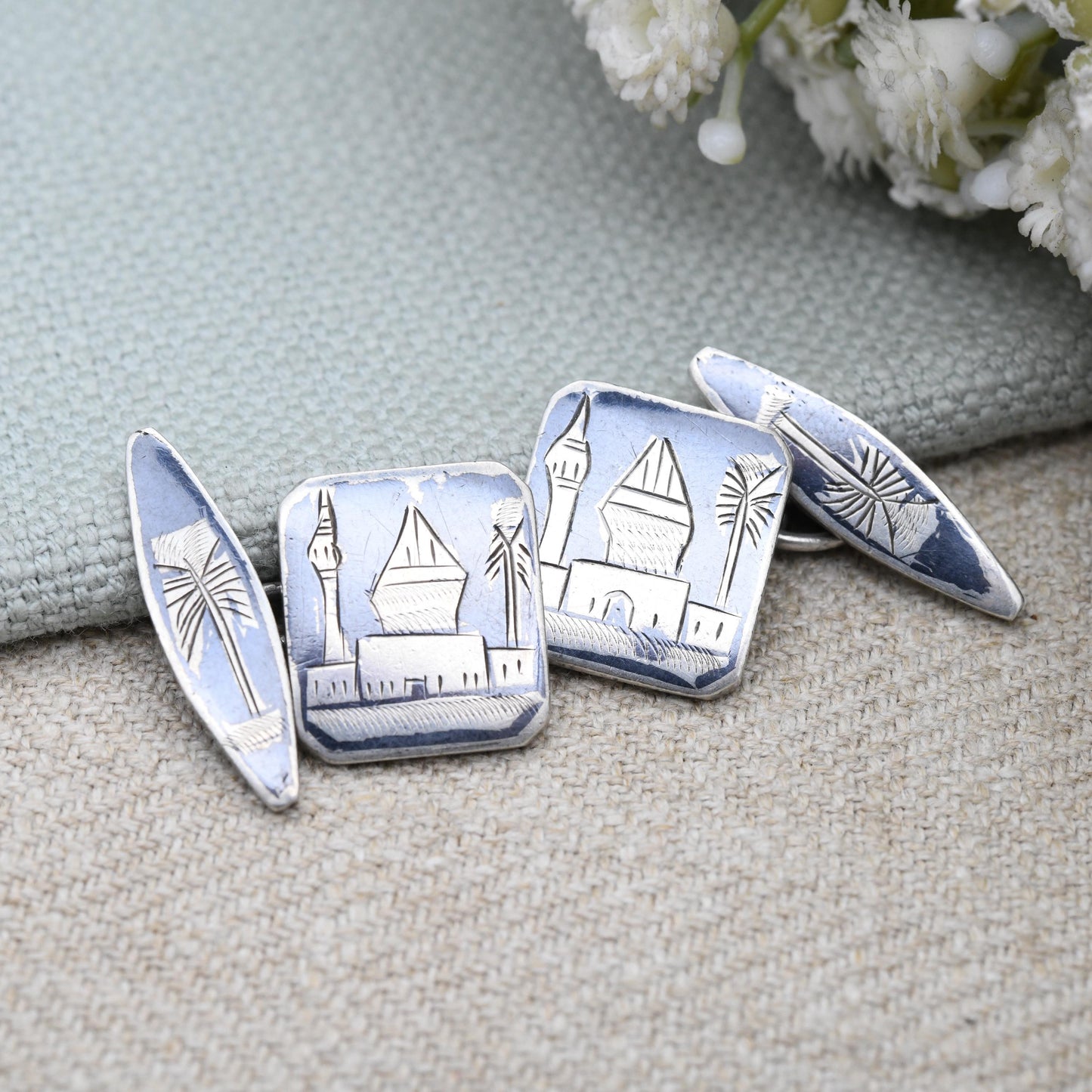 Vintage Silver Black Niello Cufflinks Hand Engraved Mosque and Palm Tree Design - c. 1950 Silver Souvenir Jewellery Gift for Him Chain Links