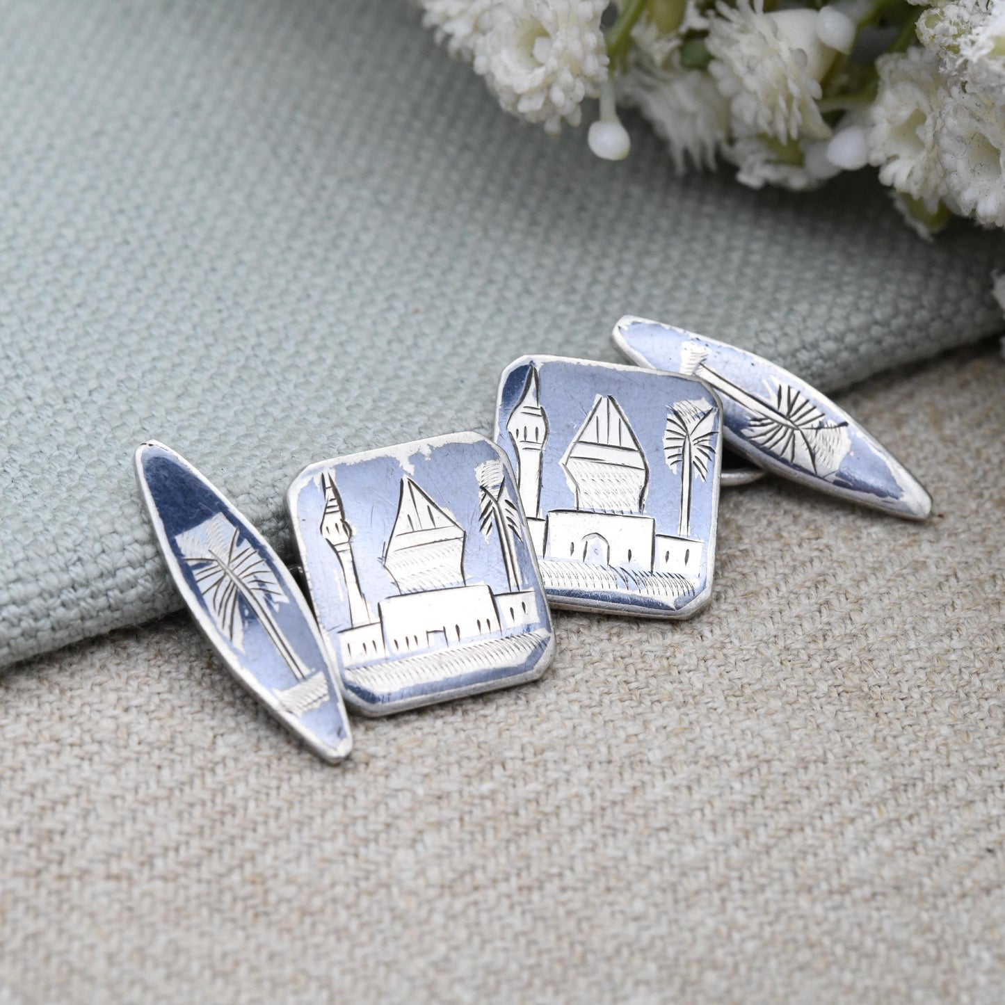 Vintage Silver Black Niello Cufflinks Hand Engraved Mosque and Palm Tree Design - c. 1950 Silver Souvenir Jewellery Gift for Him Chain Links