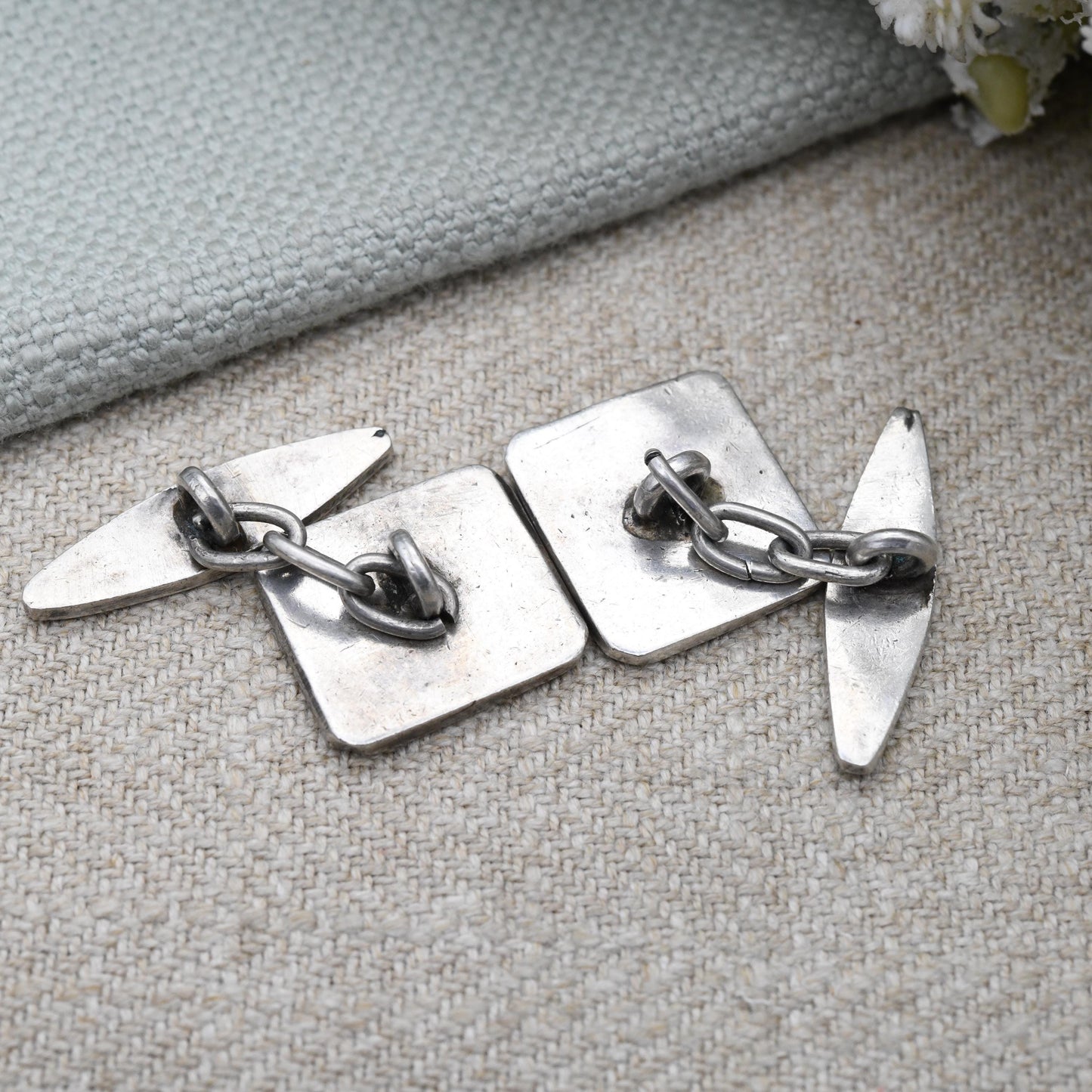 Vintage Silver Black Niello Cufflinks Hand Engraved Mosque and Palm Tree Design - c. 1950 Silver Souvenir Jewellery Gift for Him Chain Links