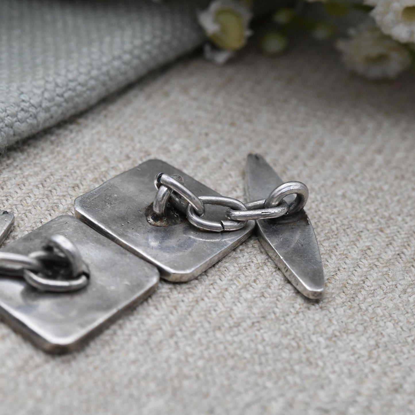 Vintage Silver Black Niello Cufflinks Hand Engraved Mosque and Palm Tree Design - c. 1950 Silver Souvenir Jewellery Gift for Him Chain Links