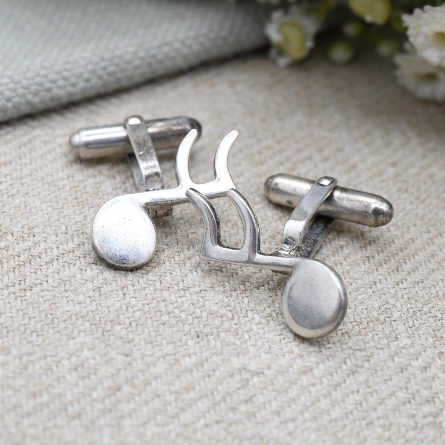 Vintage Sterling Silver Musical Note Cufflinks Semiquaver - Mid-Century Minimal Silver Figural Silver Jewellery Gift for Musician