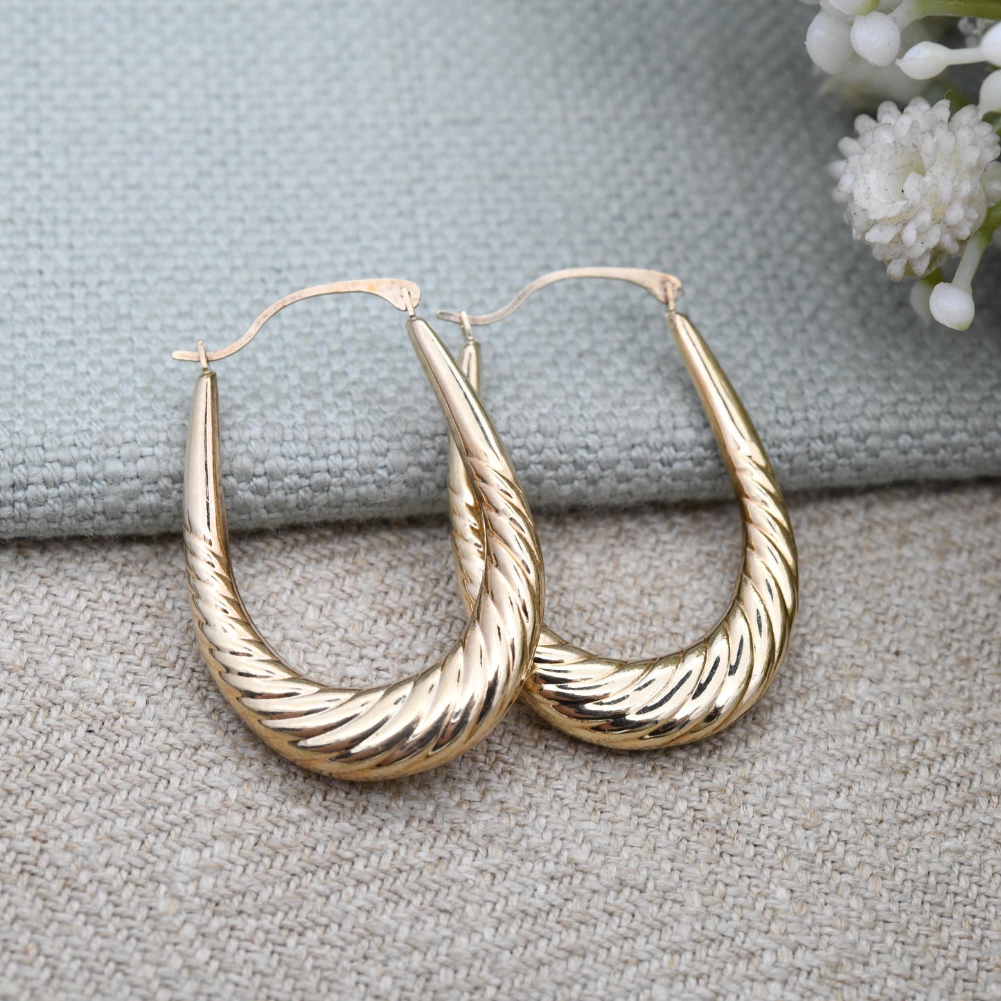 Vintage 9ct Gold Large Hoop Earrings c. 1980s - Big Oval Hoops | Hollow Solid Yellow Gold | Twisted Design
