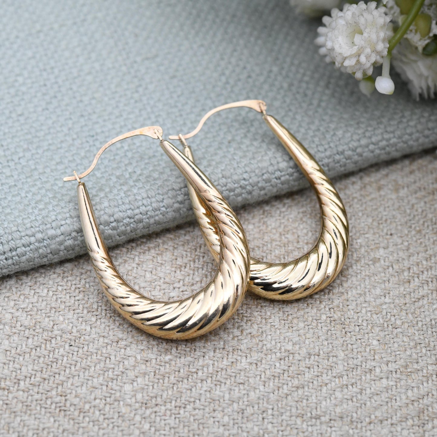 Vintage 9ct Gold Large Hoop Earrings c. 1980s - Big Oval Hoops | Hollow Solid Yellow Gold | Twisted Design