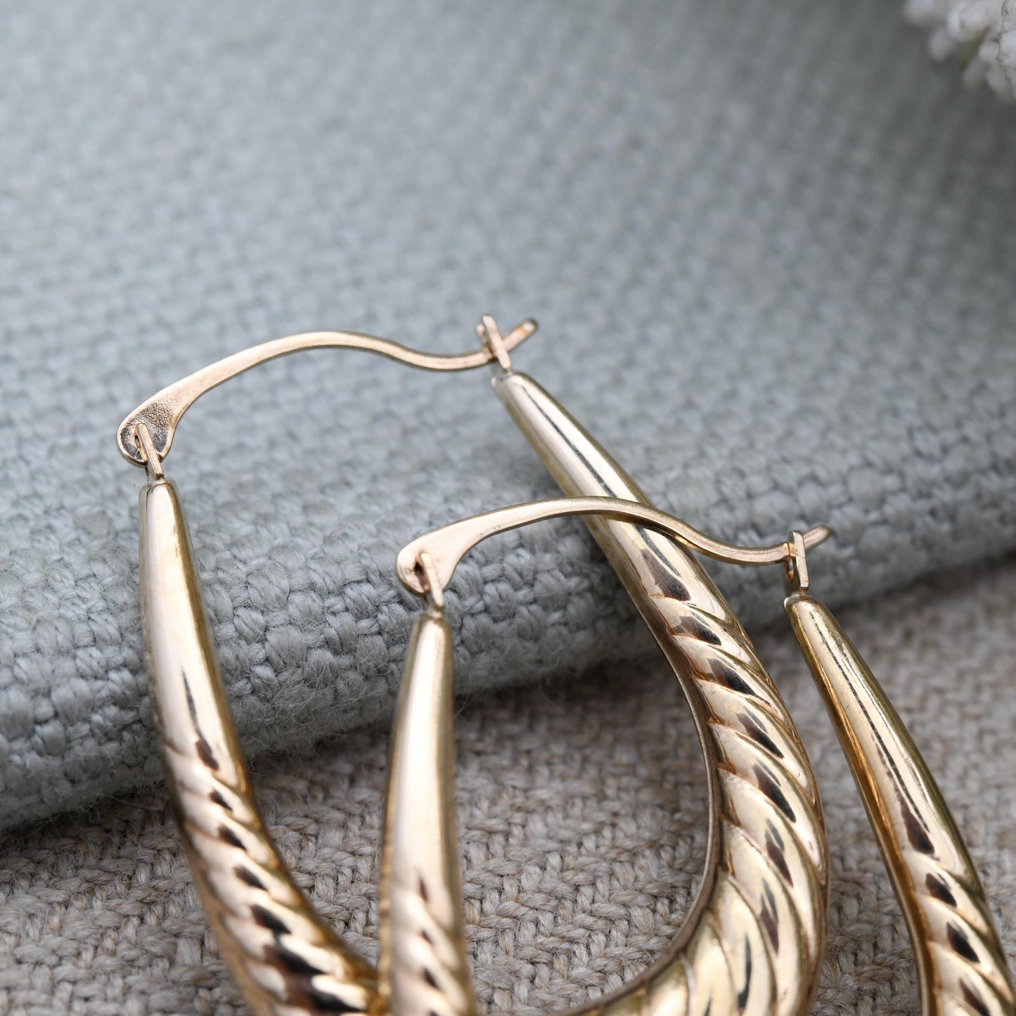 Vintage 9ct Gold Large Hoop Earrings c. 1980s - Big Oval Hoops | Hollow Solid Yellow Gold | Twisted Design