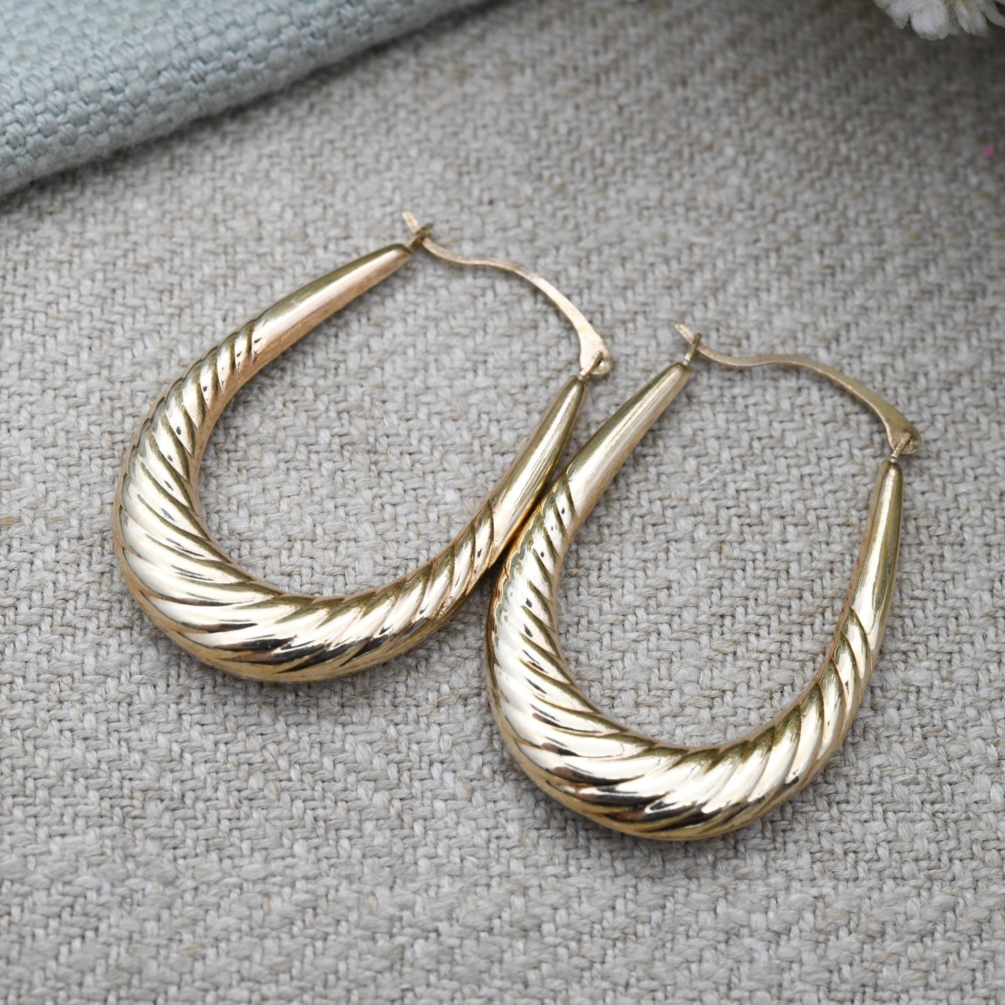 Vintage 9ct Gold Large Hoop Earrings c. 1980s - Big Oval Hoops | Hollow Solid Yellow Gold | Twisted Design