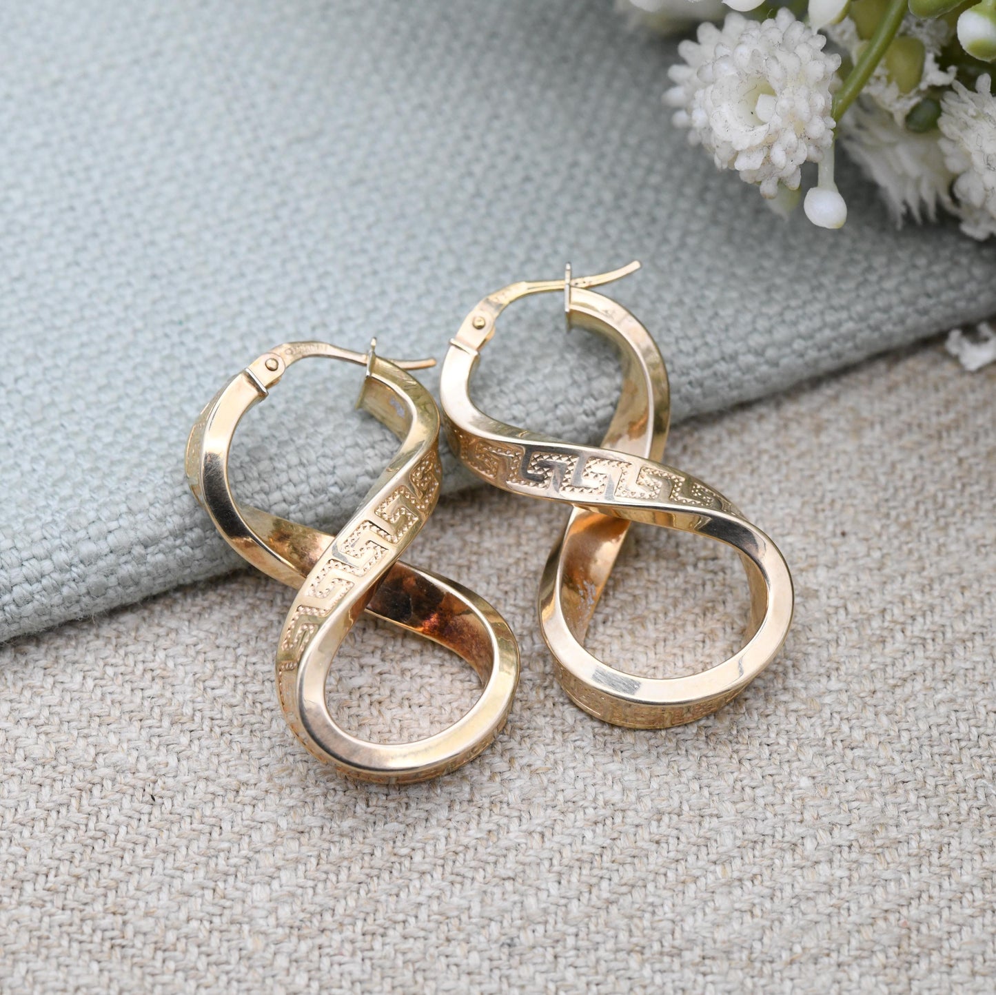 Vintage 9ct Gold Twisted Hoop Earrings with Meander Design - Textured Greek Key Long Hoops Figure of Eight Figure 8 Shape Chunky Yellow Gold