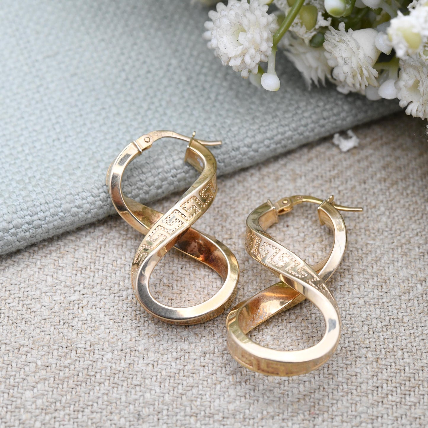 Vintage 9ct Gold Twisted Hoop Earrings with Meander Design - Textured Greek Key Long Hoops Figure of Eight Figure 8 Shape Chunky Yellow Gold