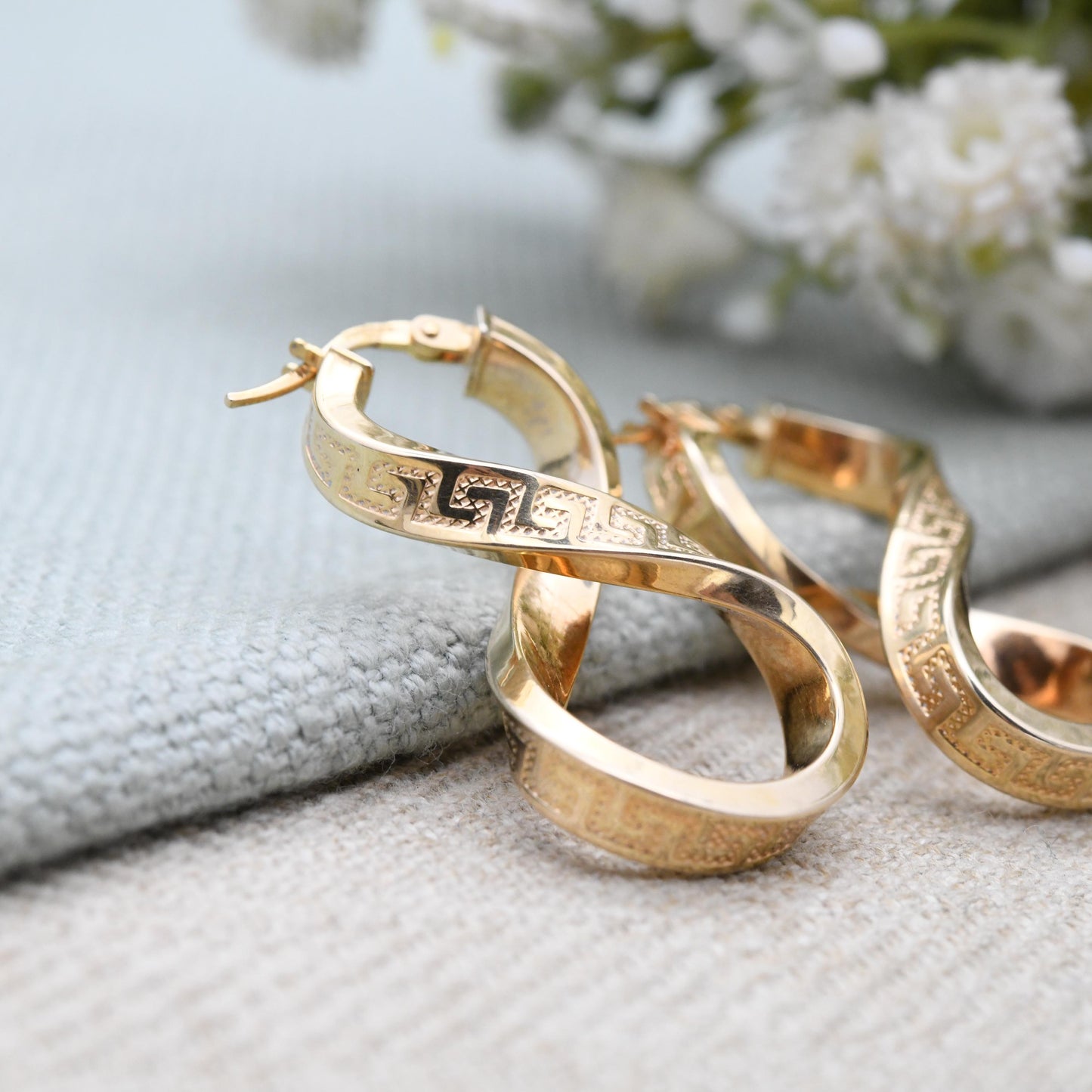Vintage 9ct Gold Twisted Hoop Earrings with Meander Design - Textured Greek Key Long Hoops Figure of Eight Figure 8 Shape Chunky Yellow Gold