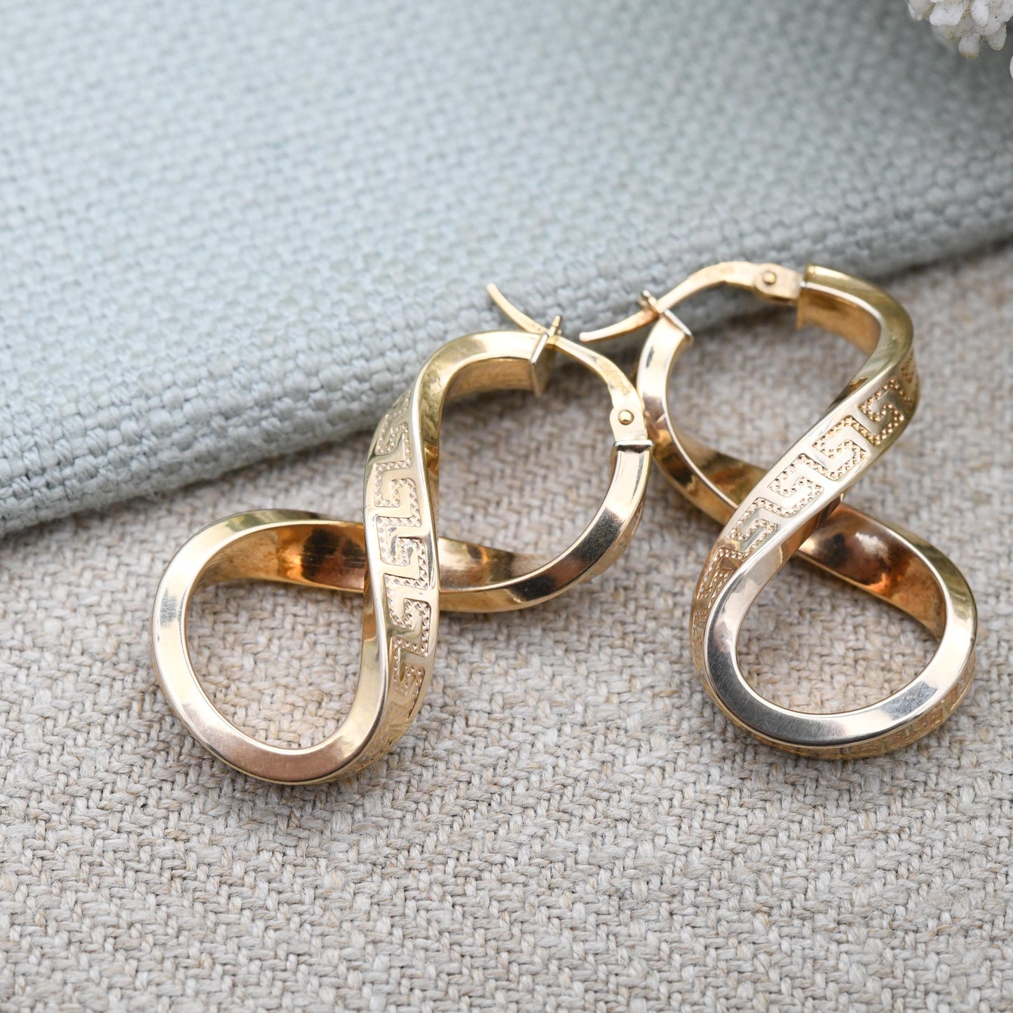 Vintage 9ct Gold Twisted Hoop Earrings with Meander Design - Textured Greek Key Long Hoops Figure of Eight Figure 8 Shape Chunky Yellow Gold