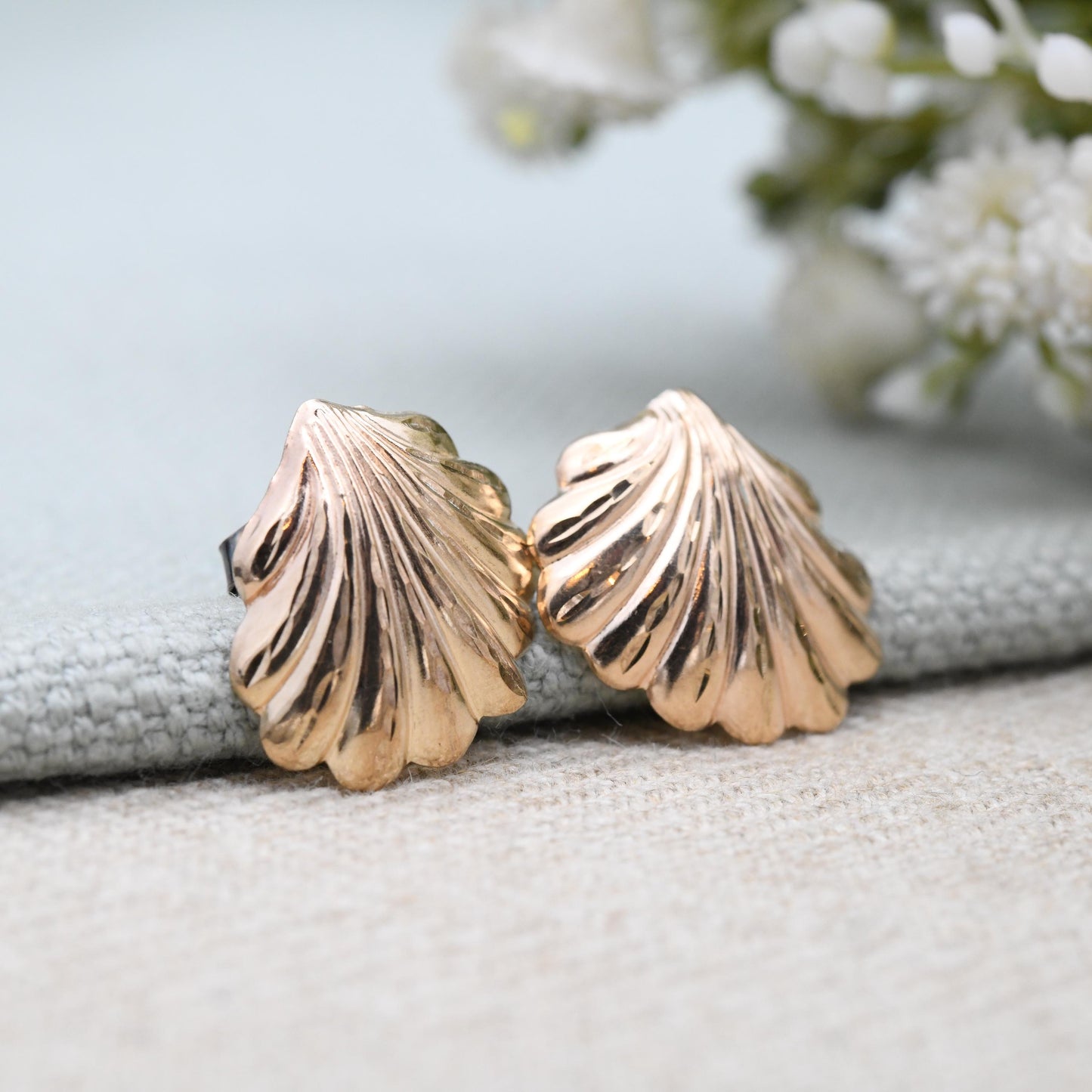 Vintage 9ct Rose Gold Shell Stud Earrings Mid-Century - Scallop Shape Big Studs | Solid Gold Jewellery Gift for Her | with Butterfly Backs