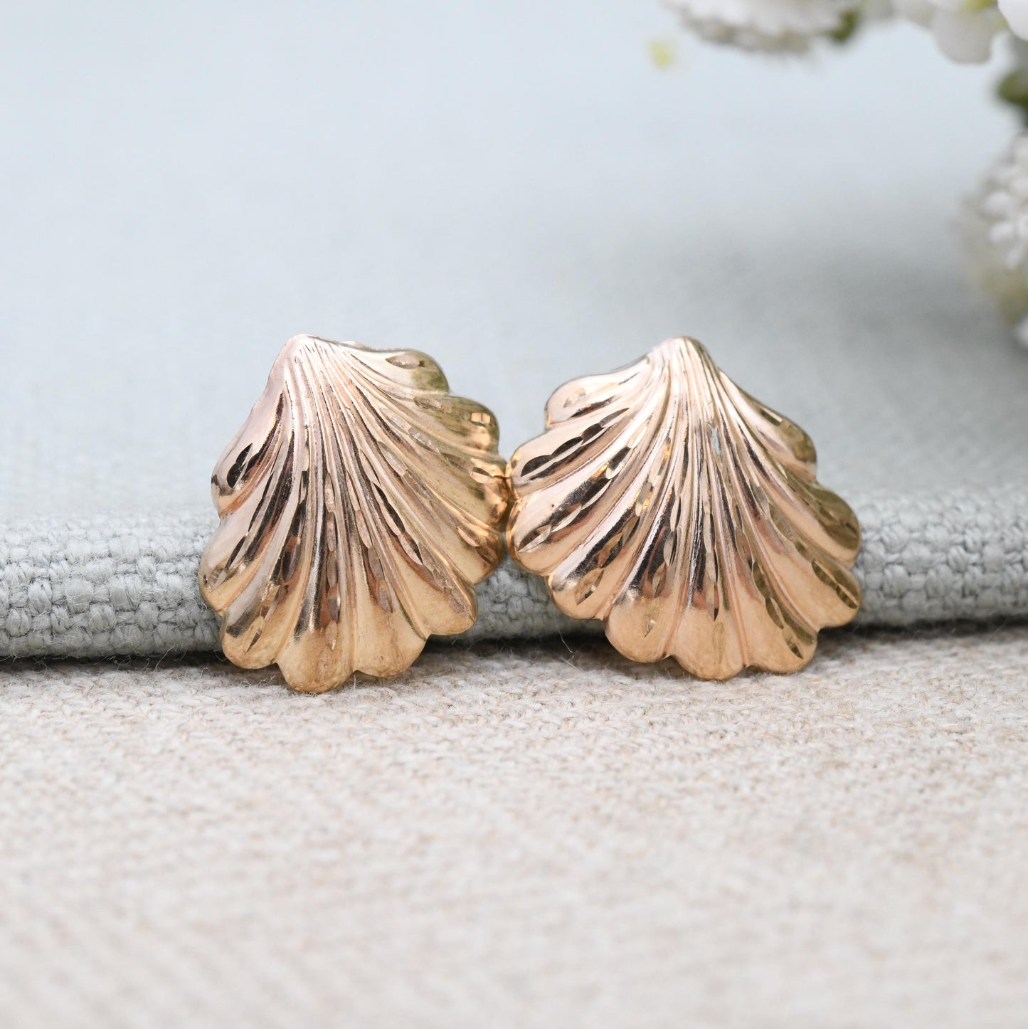 Vintage 9ct Rose Gold Shell Stud Earrings Mid-Century - Scallop Shape Big Studs | Solid Gold Jewellery Gift for Her | with Butterfly Backs