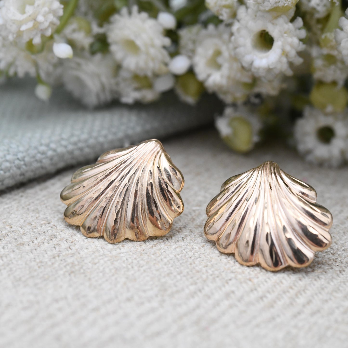 Vintage 9ct Rose Gold Shell Stud Earrings Mid-Century - Scallop Shape Big Studs | Solid Gold Jewellery Gift for Her | with Butterfly Backs