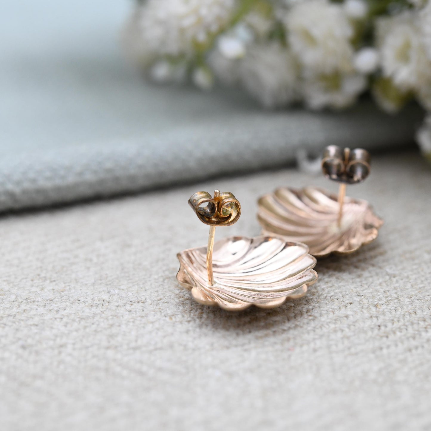 Vintage 9ct Rose Gold Shell Stud Earrings Mid-Century - Scallop Shape Big Studs | Solid Gold Jewellery Gift for Her | with Butterfly Backs
