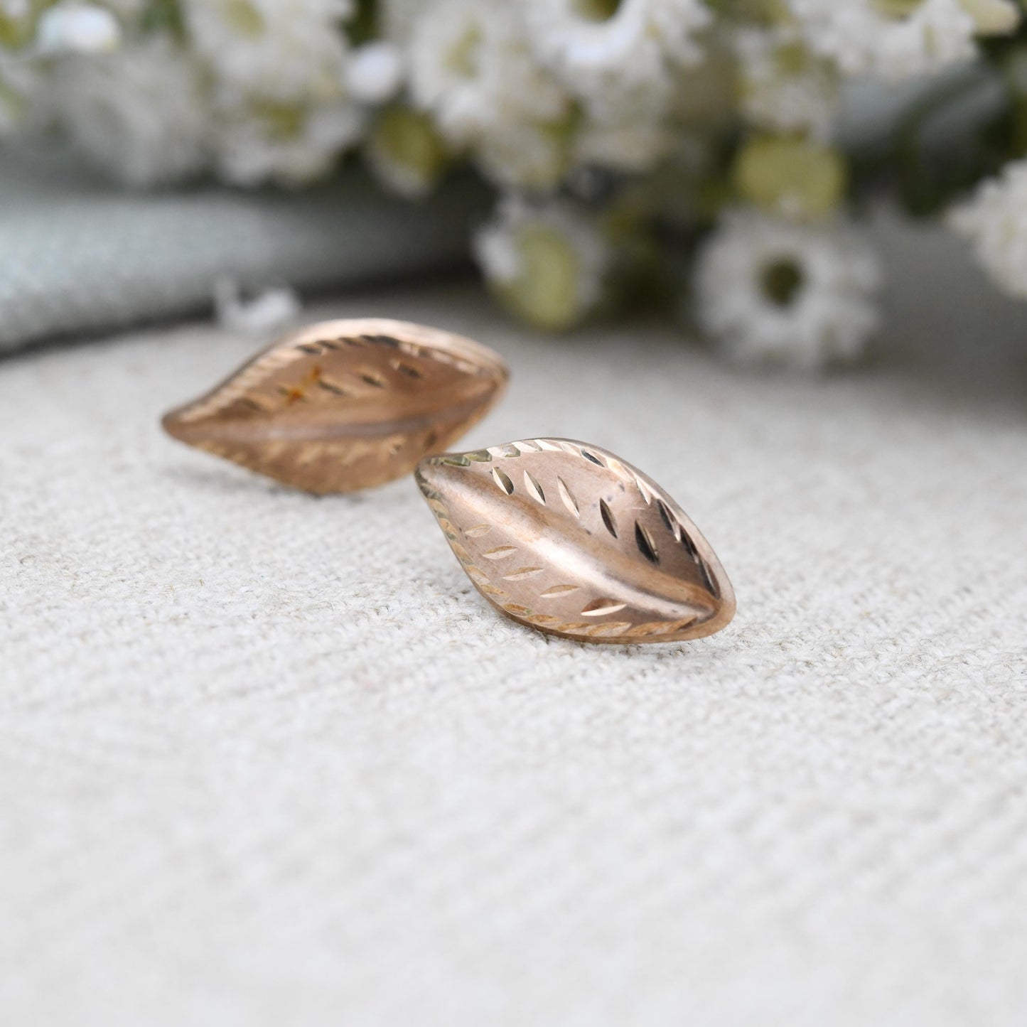 Vintage 9ct Rose Gold Leaf Stud Earrings - Mid-Century Textured Leaves | Delicate Gold Studs | Gift for Her | Butterfly Backs