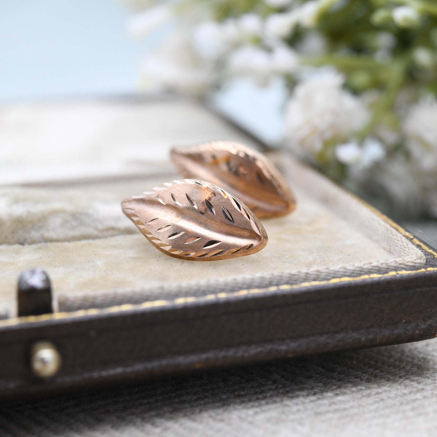 Vintage 9ct Rose Gold Leaf Stud Earrings - Mid-Century Textured Leaves | Delicate Gold Studs | Gift for Her | Butterfly Backs