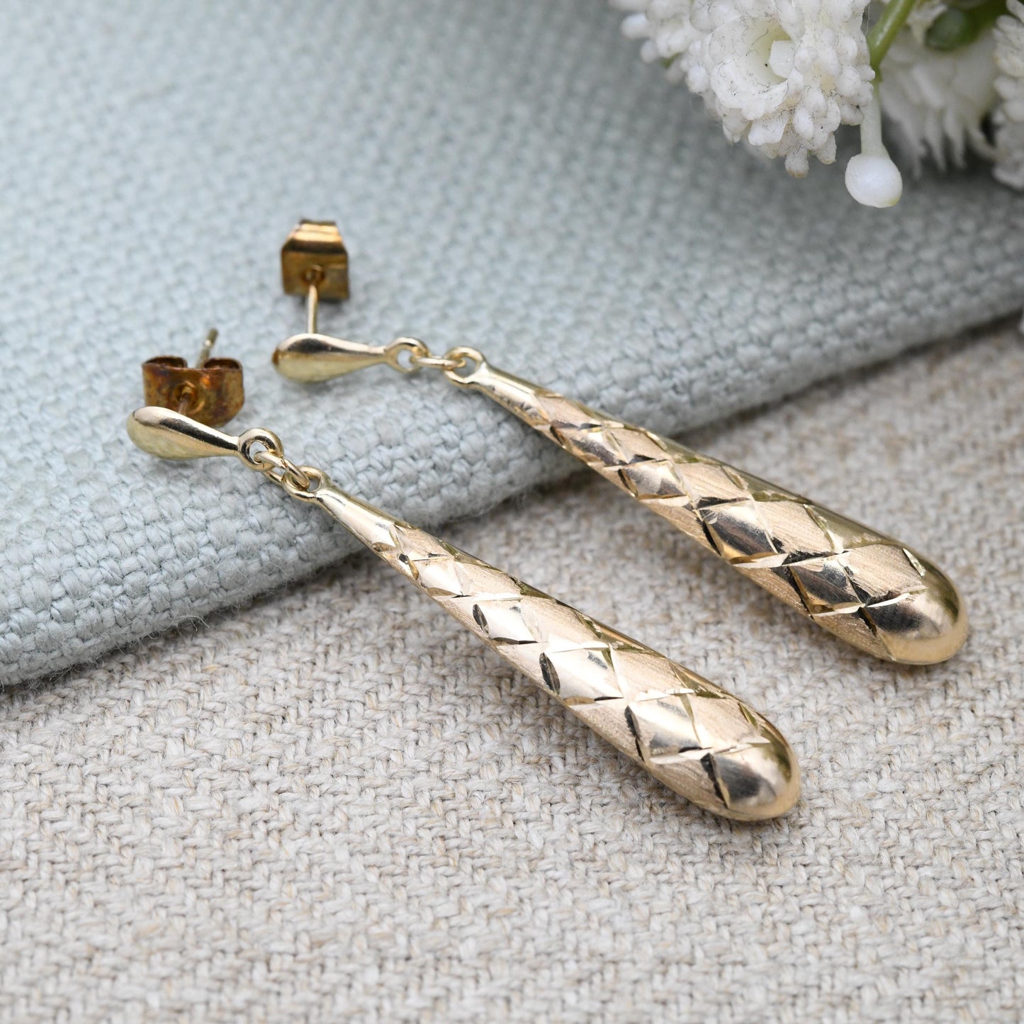 Vintage 9ct Gold Torpedo Drop Earrings with Brushed Harlequin Design Mid-Century - Pretty Light Gold Stud Dangle Earrings | Butterfly Backs