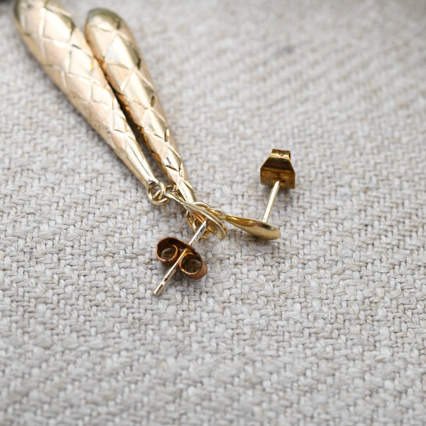 Vintage 9ct Gold Torpedo Drop Earrings with Brushed Harlequin Design Mid-Century - Pretty Light Gold Stud Dangle Earrings | Butterfly Backs
