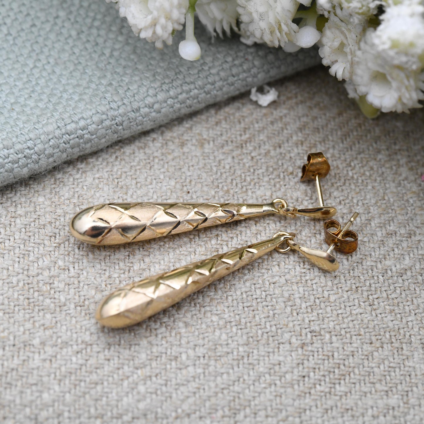 Vintage 9ct Gold Torpedo Drop Earrings with Brushed Harlequin Design Mid-Century - Pretty Light Gold Stud Dangle Earrings | Butterfly Backs