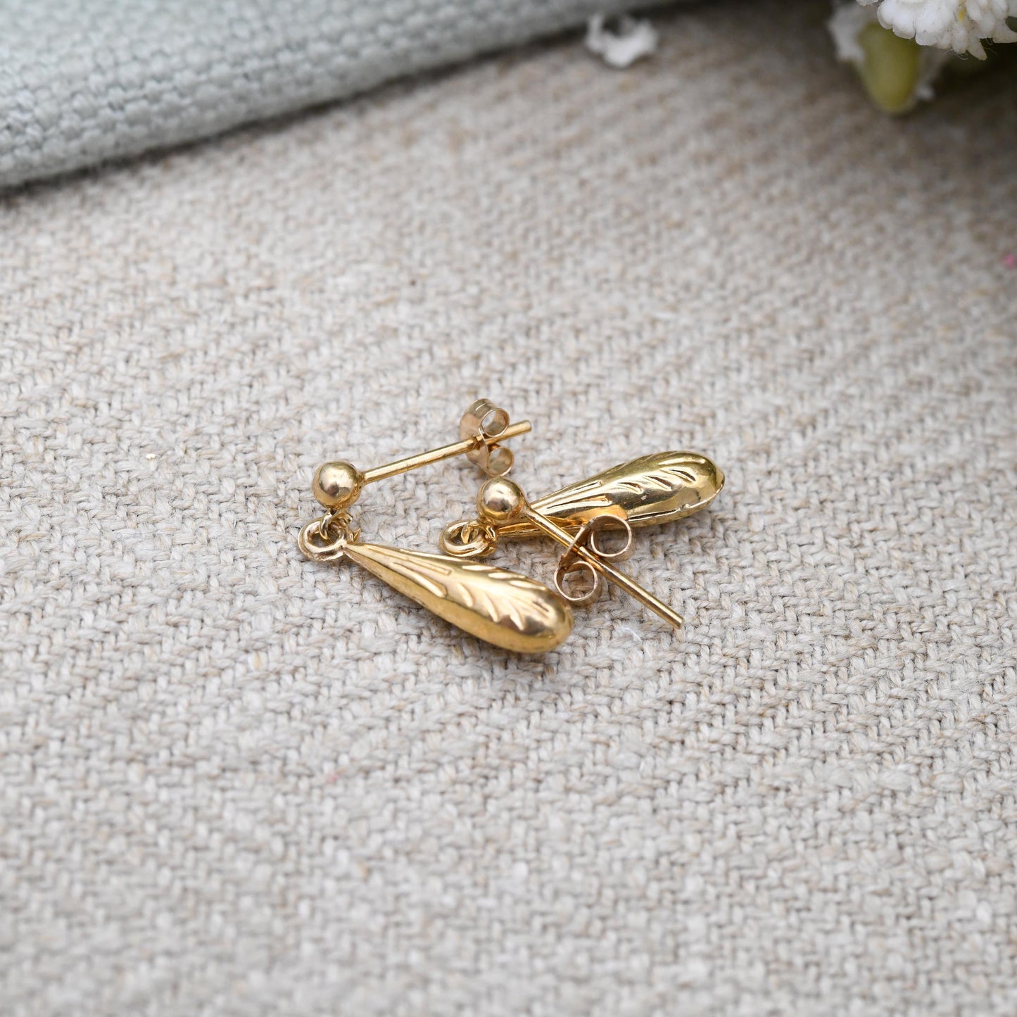 Vintage 9ct Gold Torpedo Drop Earrings - Small Delicate Light Gold Stud Dangle Earrings with Butterfly Backs | Minimal Design