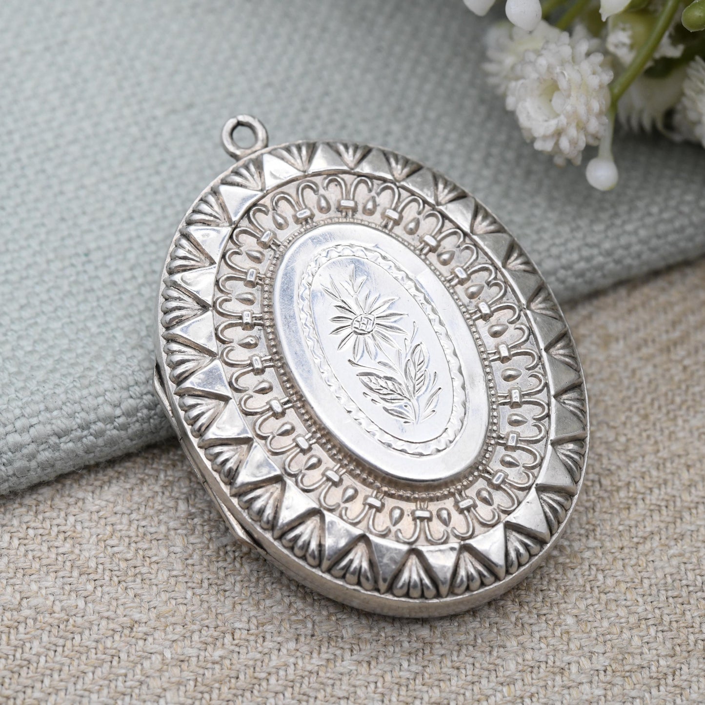 Antique Victorian Sterling Silver Locket 1890 with Hand Engraved Flower Design - Ornate Border Large Oval Pendant Hallmarked Solid Silver