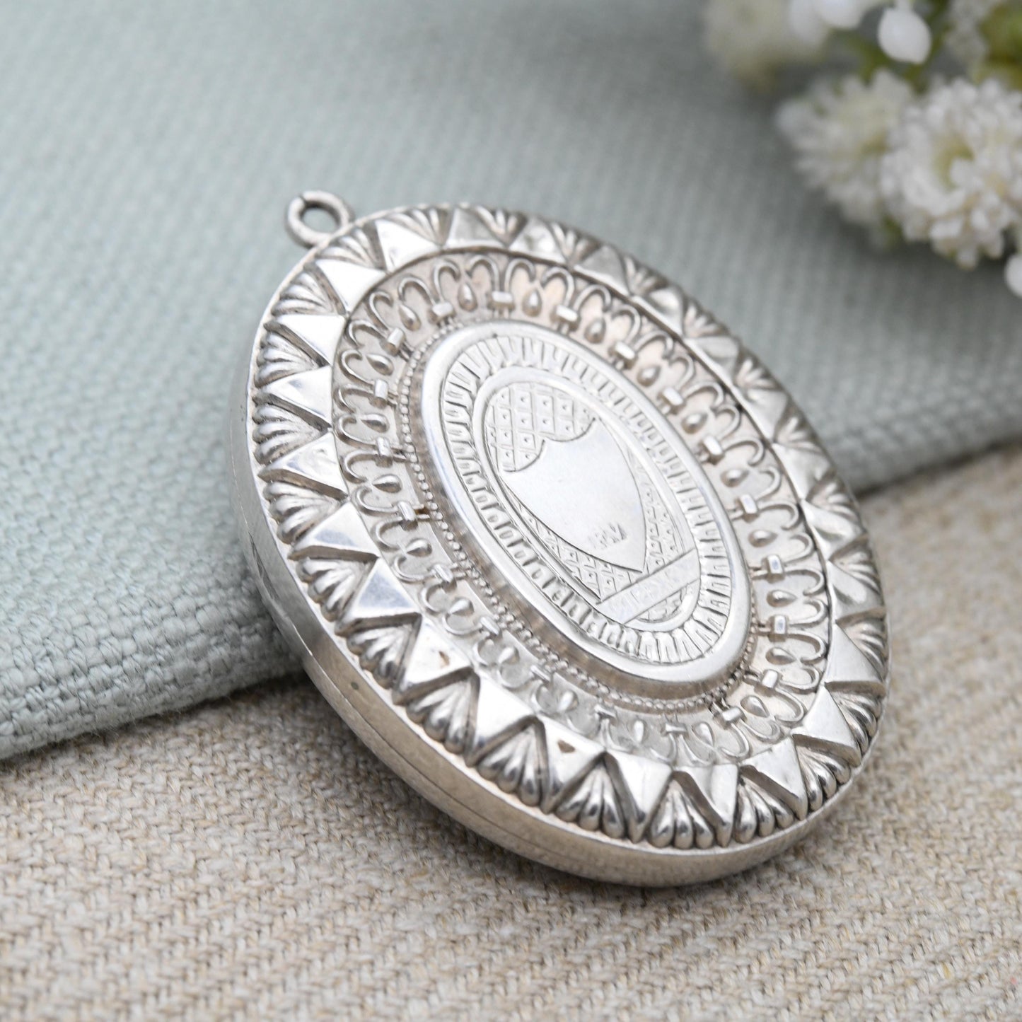 Antique Victorian Sterling Silver Locket 1890 with Hand Engraved Flower Design - Ornate Border Large Oval Pendant Hallmarked Solid Silver