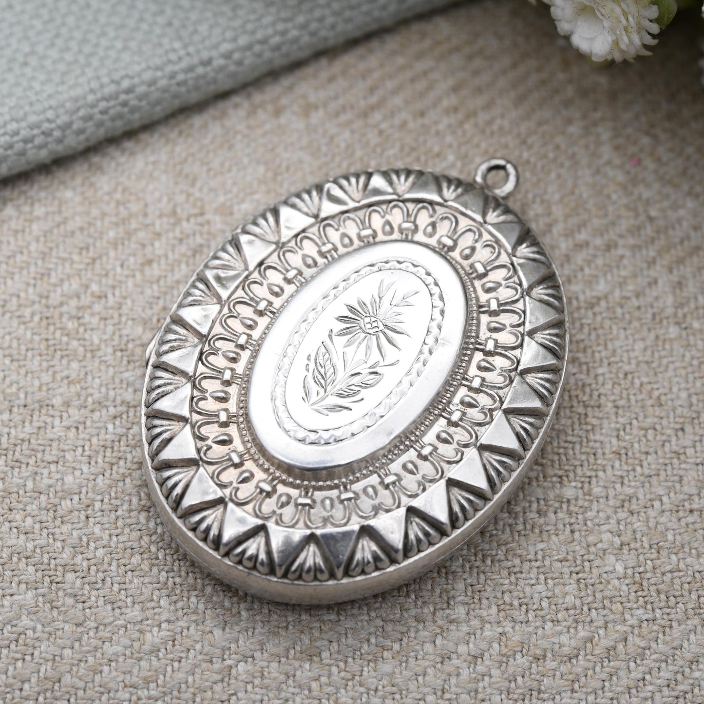 Antique Victorian Sterling Silver Locket 1890 with Hand Engraved Flower Design - Ornate Border Large Oval Pendant Hallmarked Solid Silver